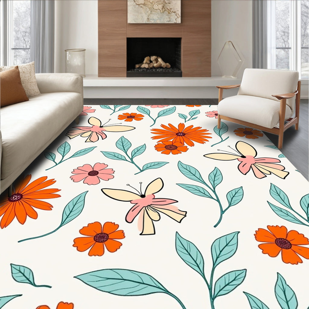 Whimsical Floral Butterfly Doodle Art Rug
