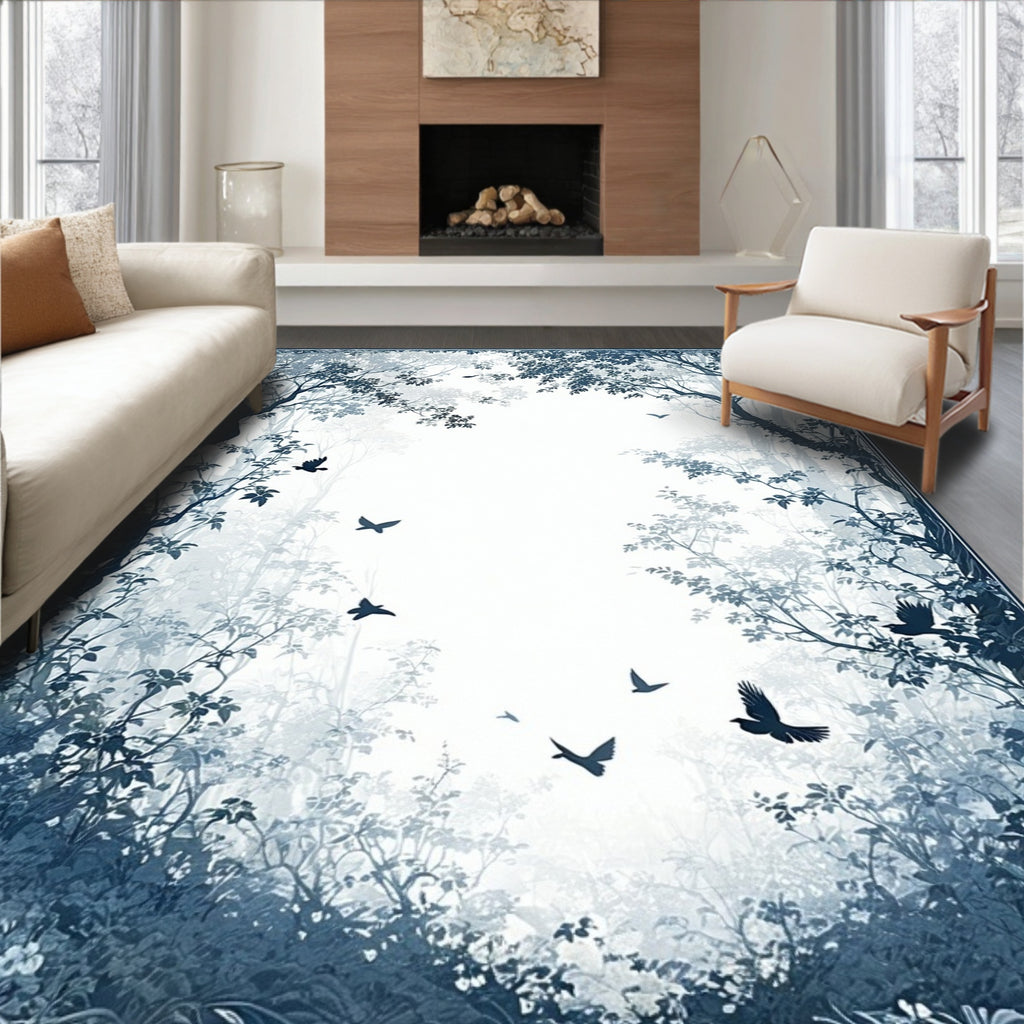Misty Forest Birds Silhouette Design Rug