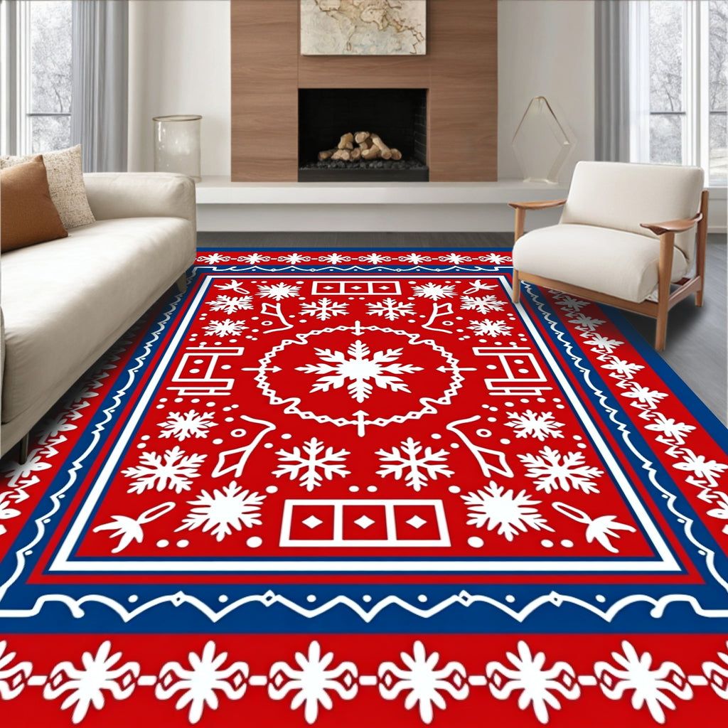Red White Blue Folk Snowflakes Border Rug