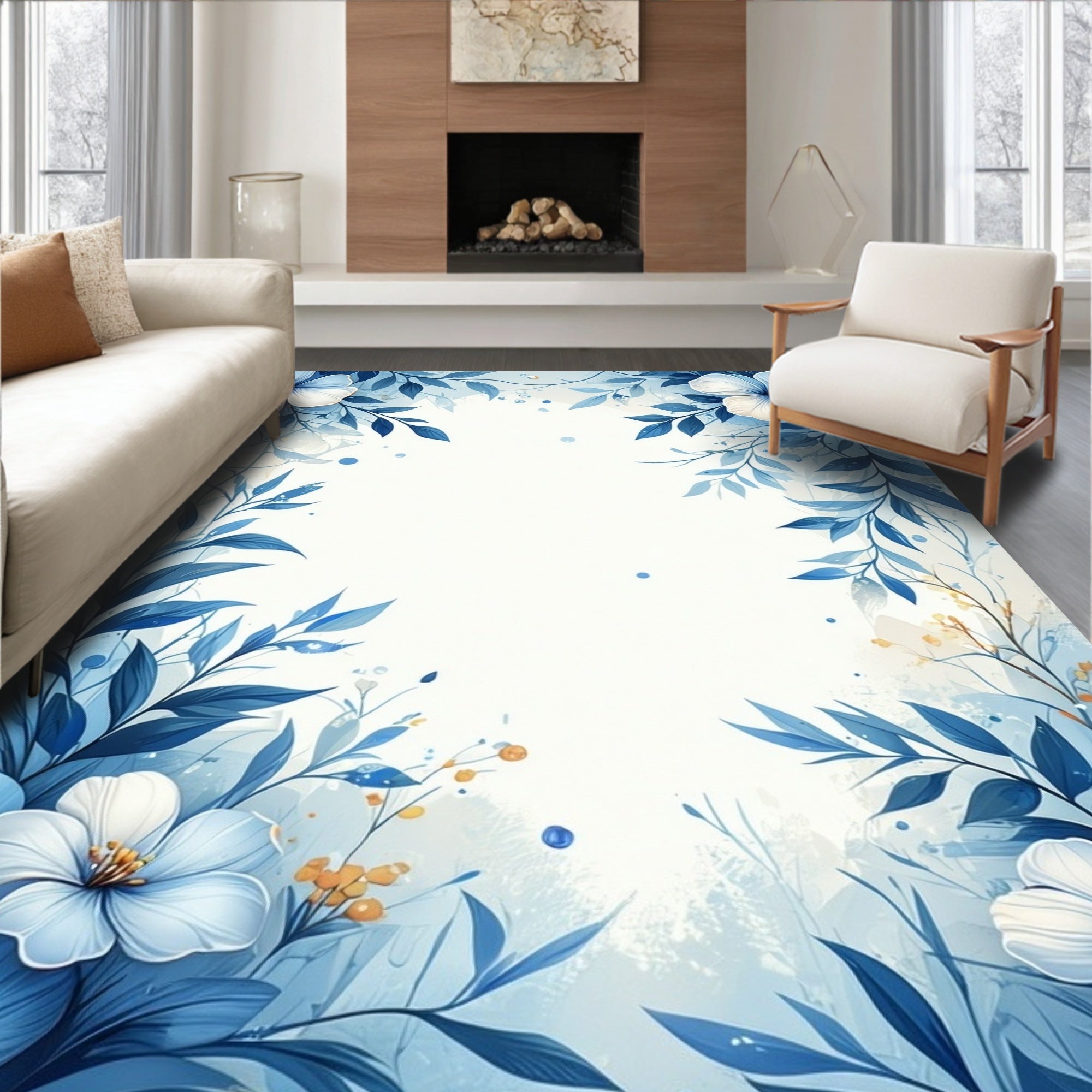 Elegant Blue Floral Watercolor Art Rug