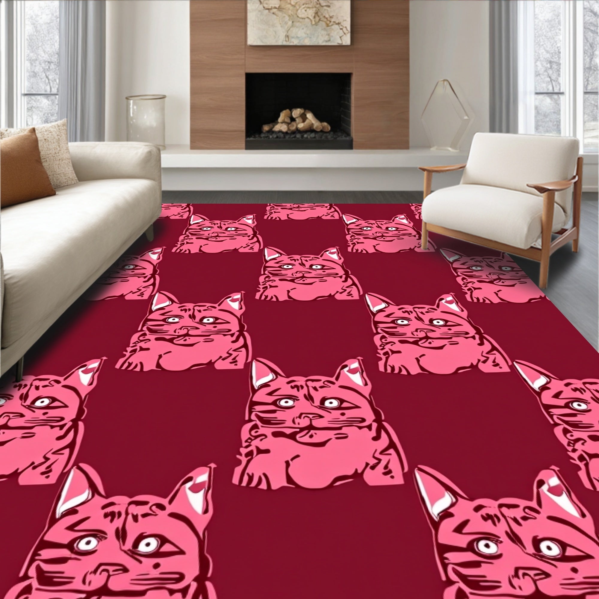 Pink Cat Portrait Pattern Design Rug