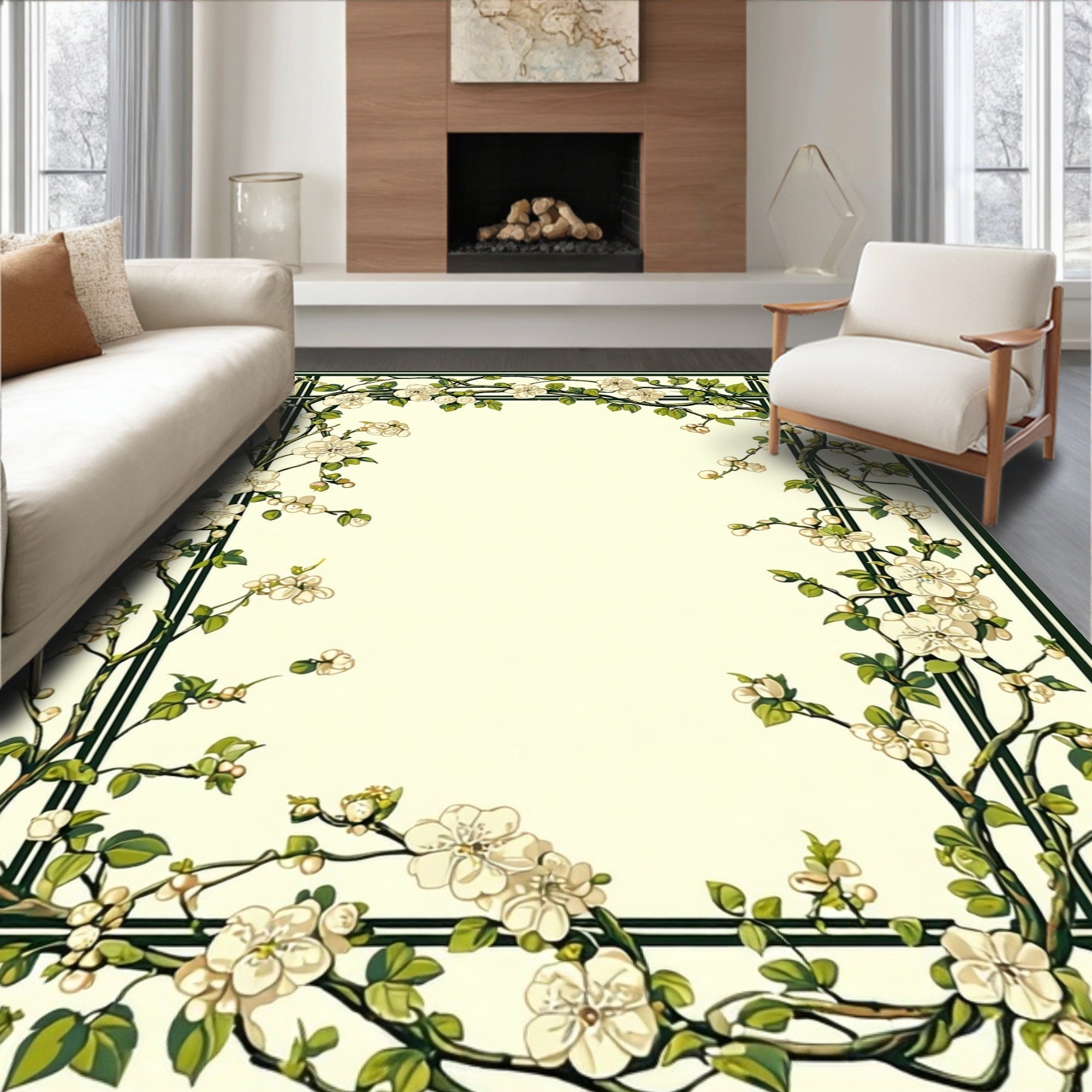 Nature Inspired Floral Vine Border Rug