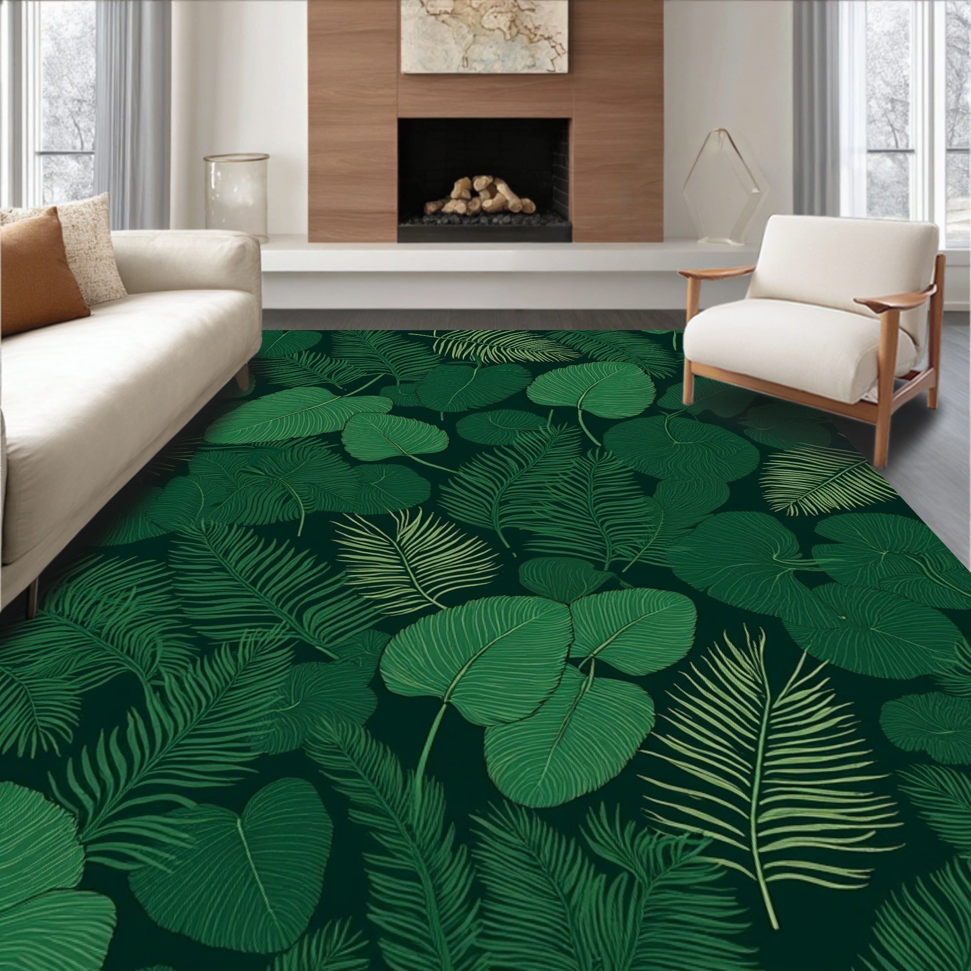 Lush Green Tropical Foliage Pattern Rug