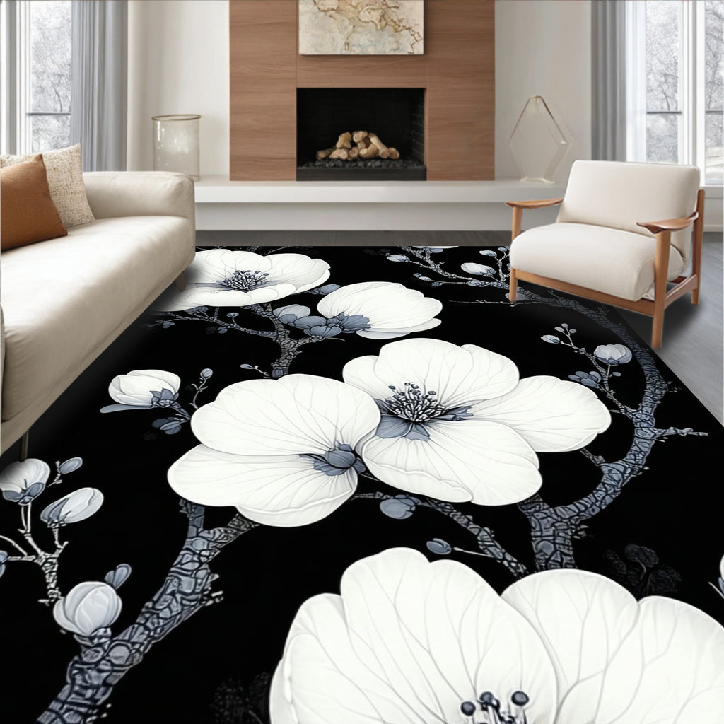 Monochrome Floral Branches Pattern Rug