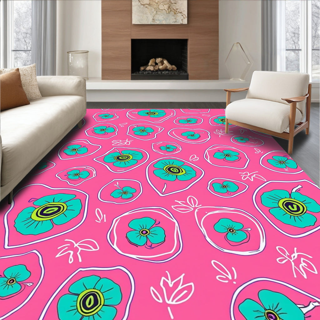 Pink Teal Flower Doodle Design Rug