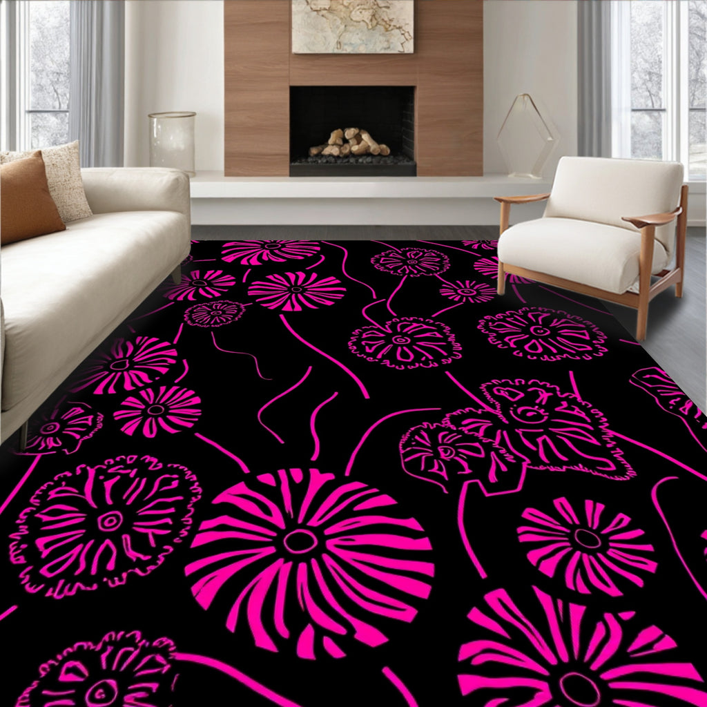 Vibrant Floral Lines Black Pink Rug