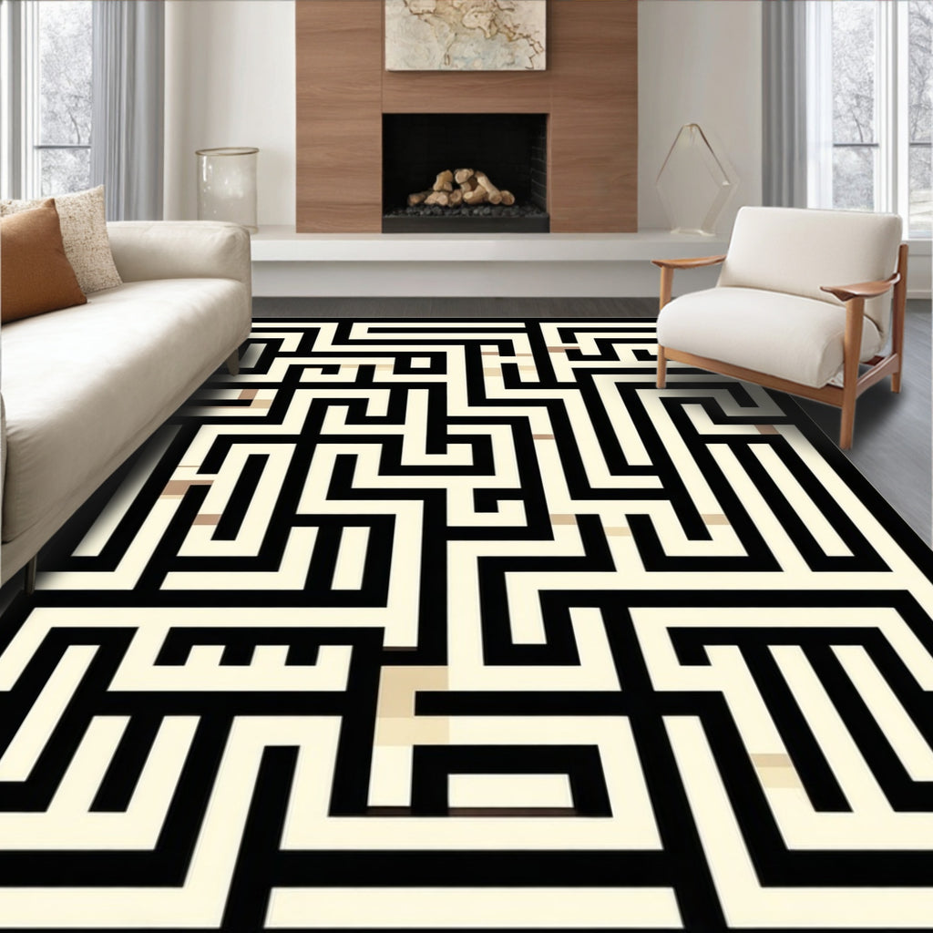 Black Beige Maze Pattern Rug