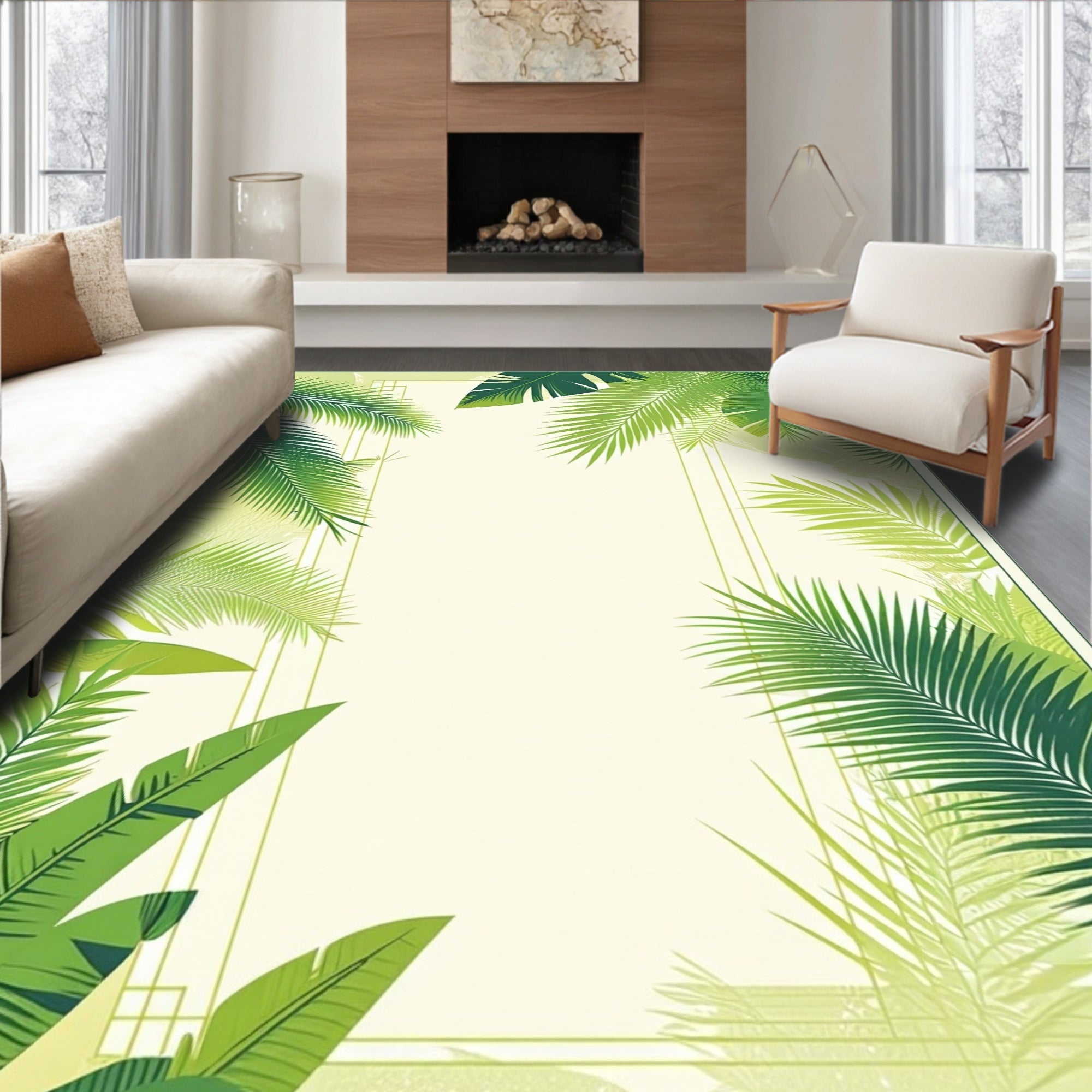 Lush Green Tropical Leaf Pattern Rug