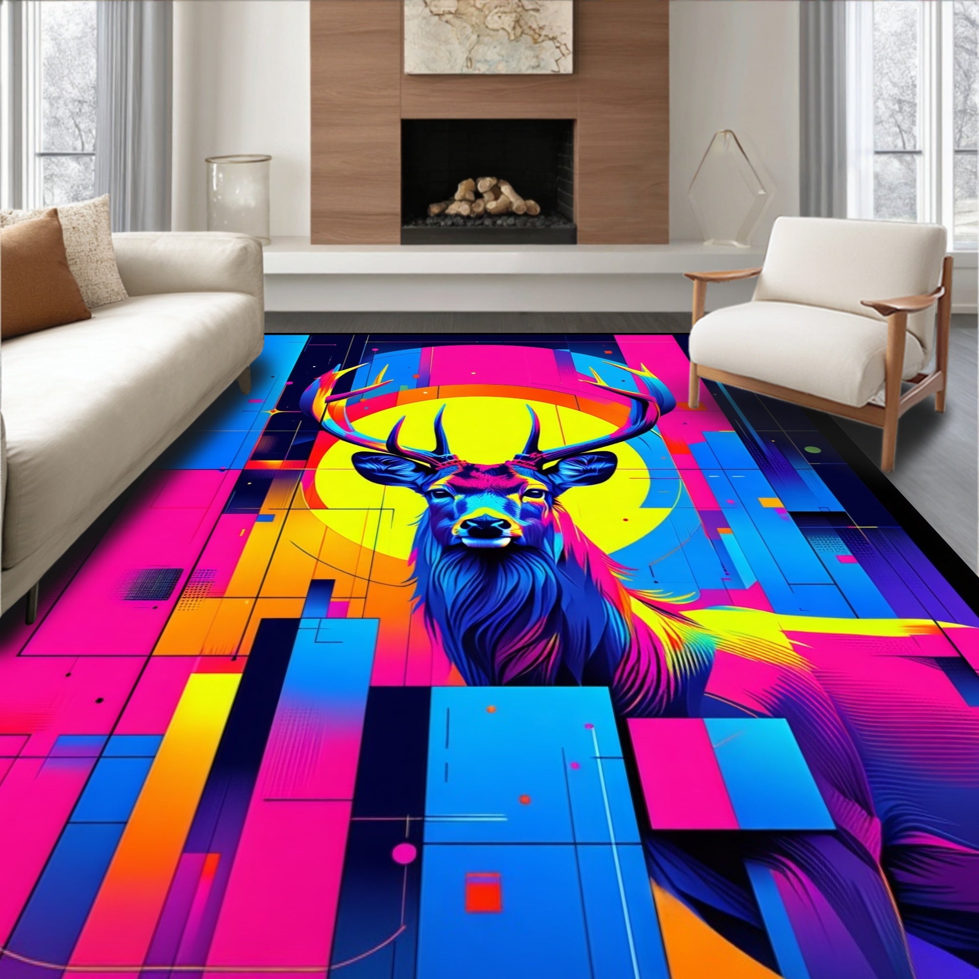 Vibrant Geometric Stag Pattern Design Rug