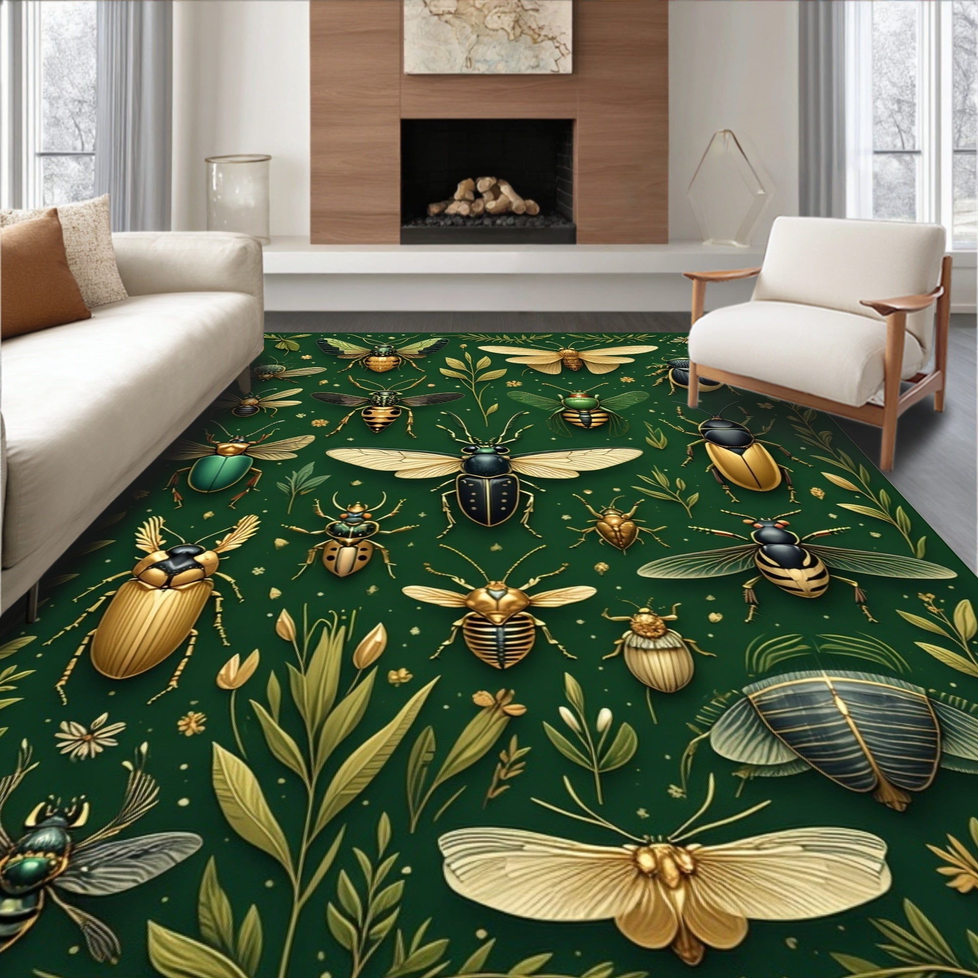 Botanical Insects Gold Green Pattern Rug