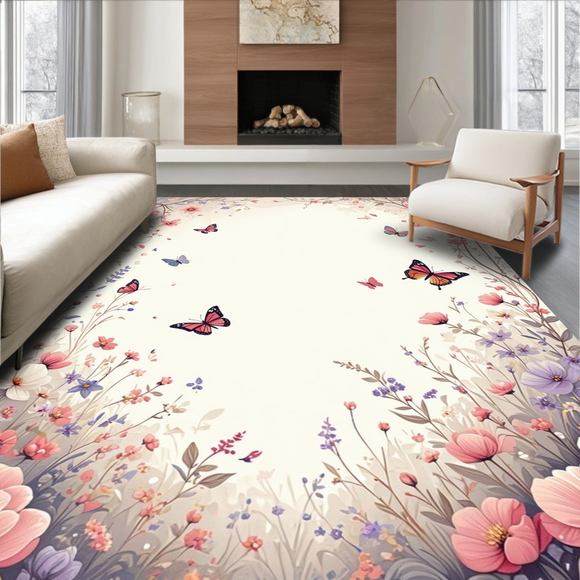Enchanting Floral Butterfly Meadow Design Rug