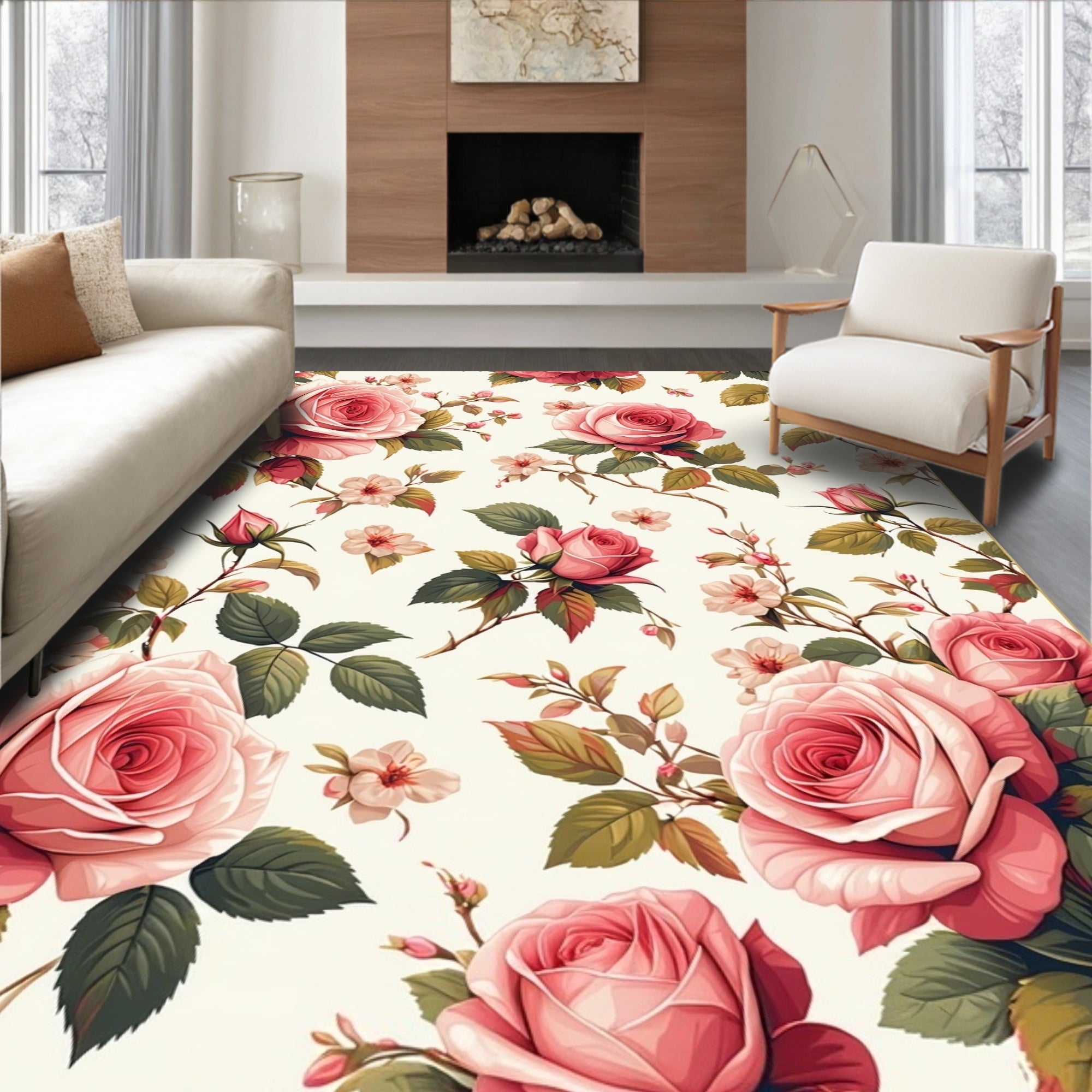 Pink Roses Delicate Blossoms Pattern Rug