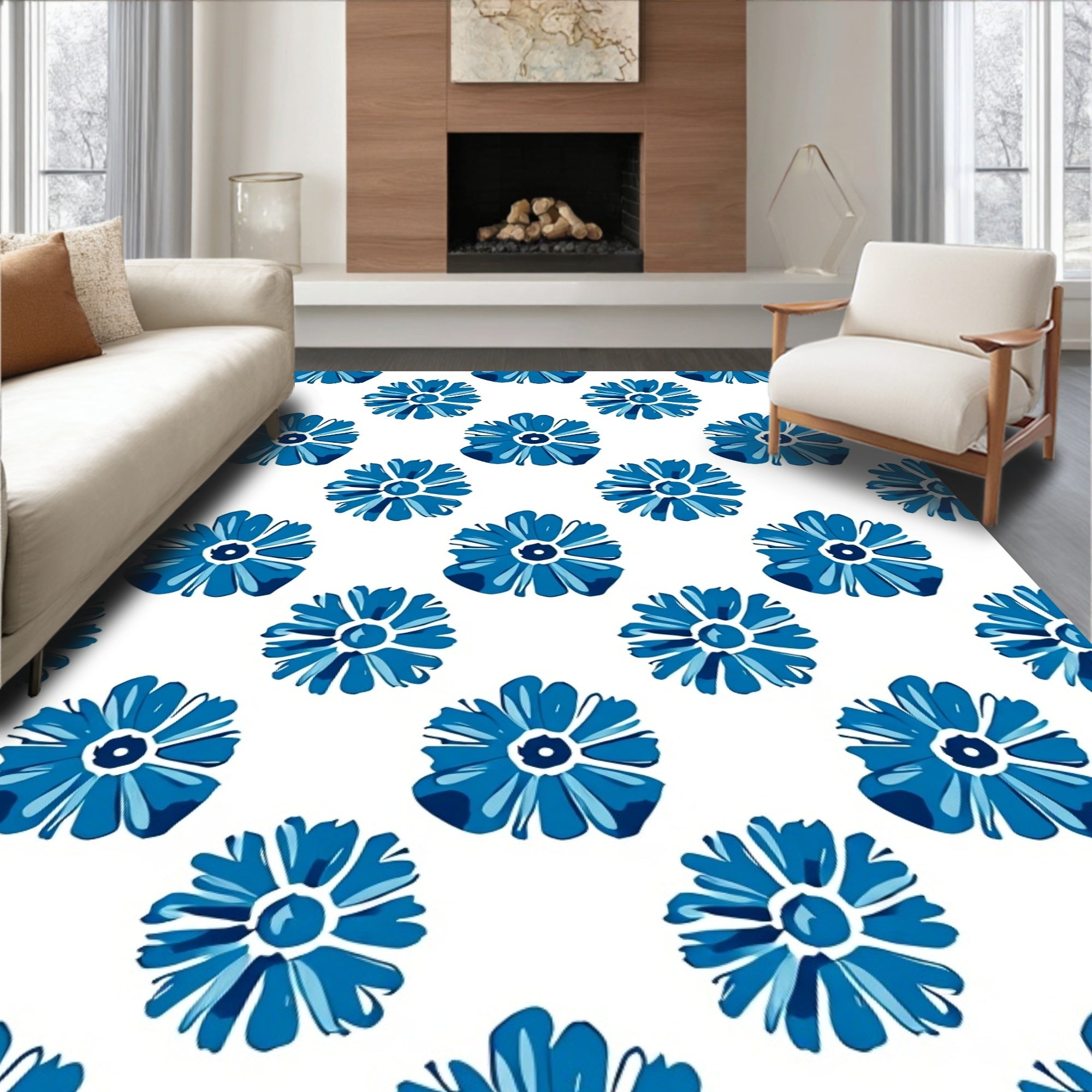 Vibrant Blue Floral Pattern Rug