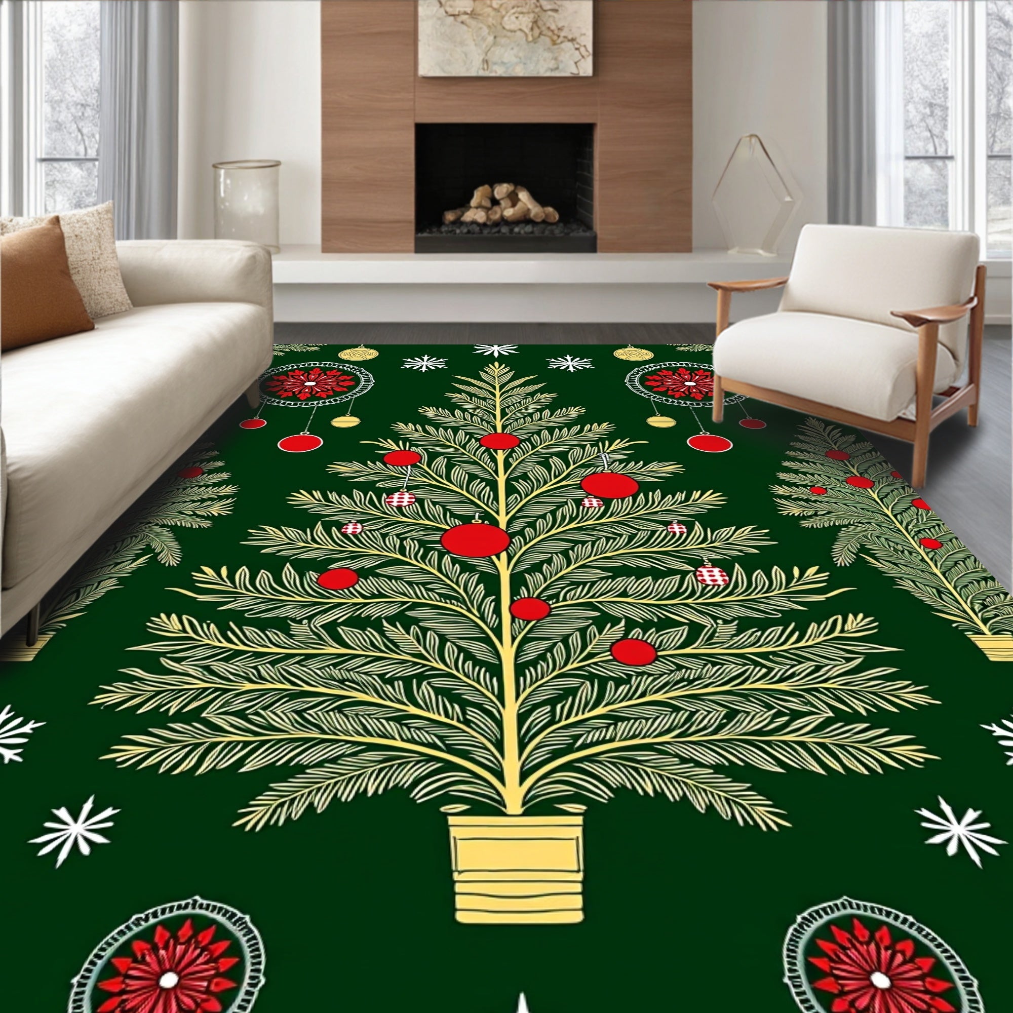 Foliage Christmas Tree Red Ornament Rug