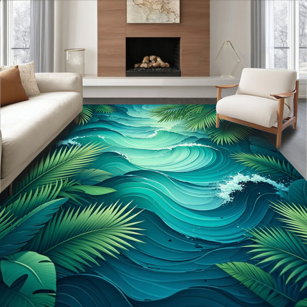 Ocean Wave With Tropical Leaves Rug