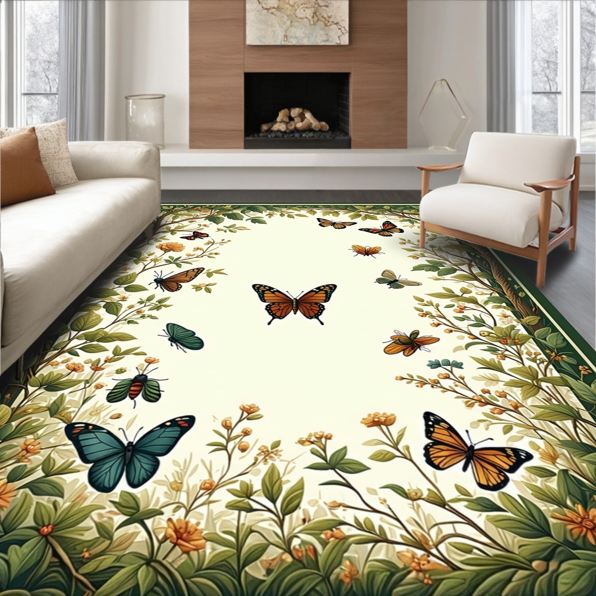 Enchanted Garden Butterfly Botanical Print Rug