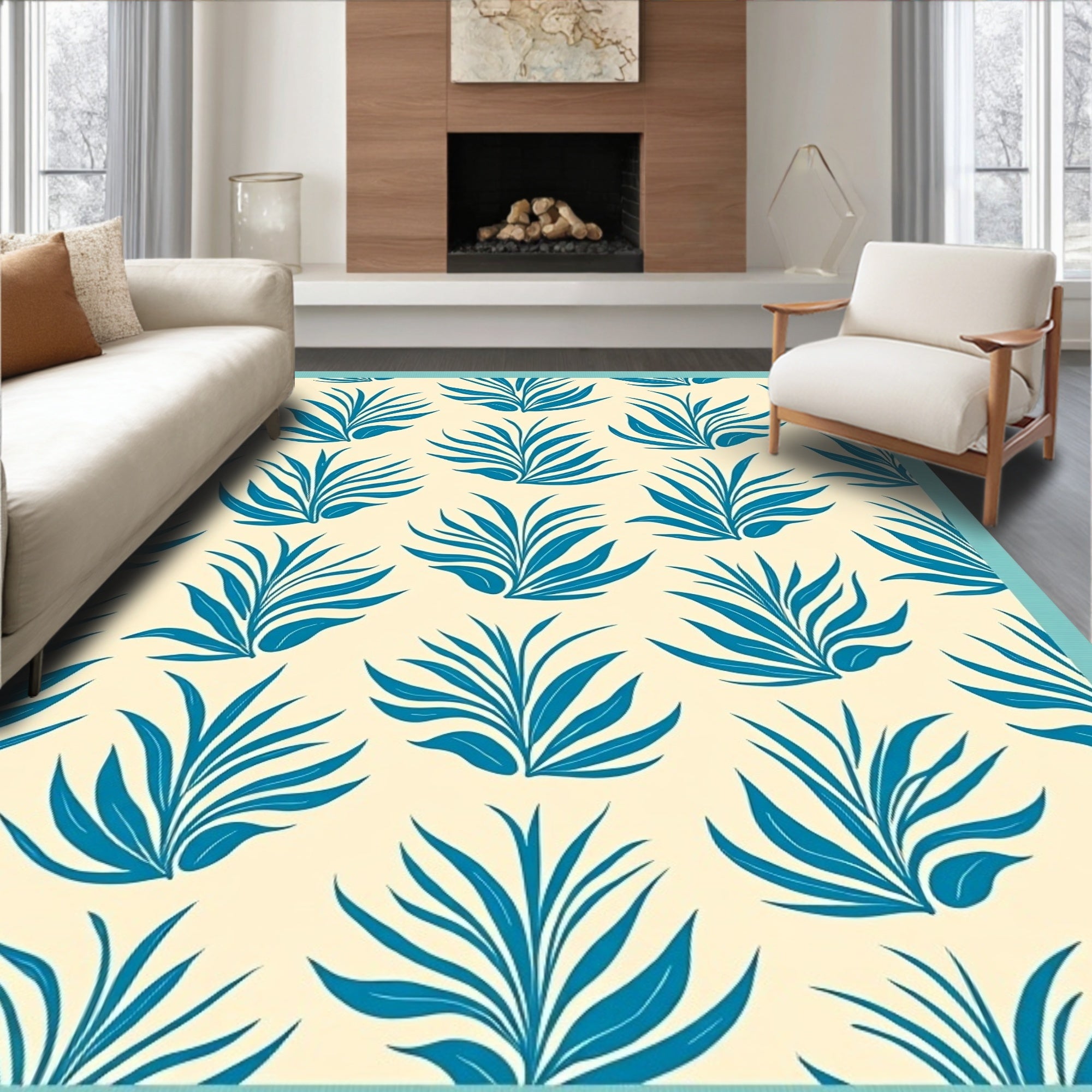 Teal Leafy Bush Cream Repeat Rug