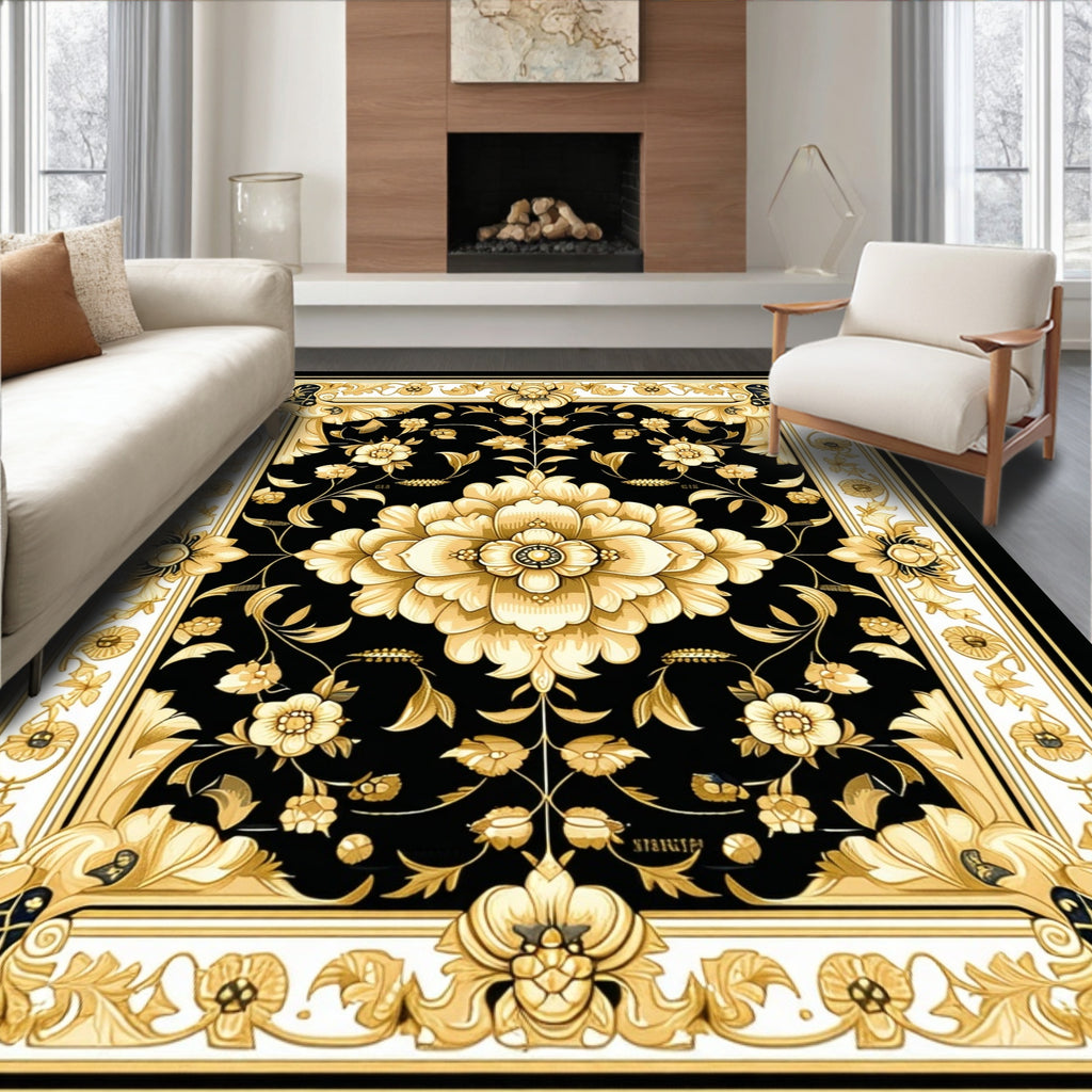 Black Gold Floral Classic Border Rug