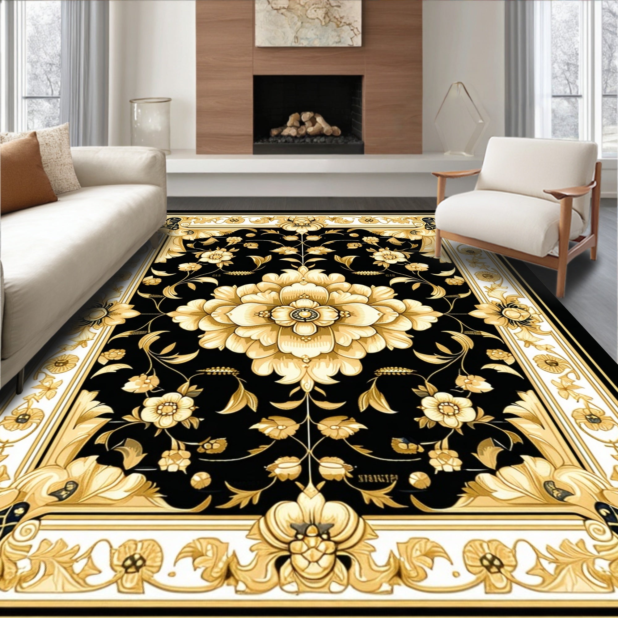 Black Gold Floral Classic Border Rug