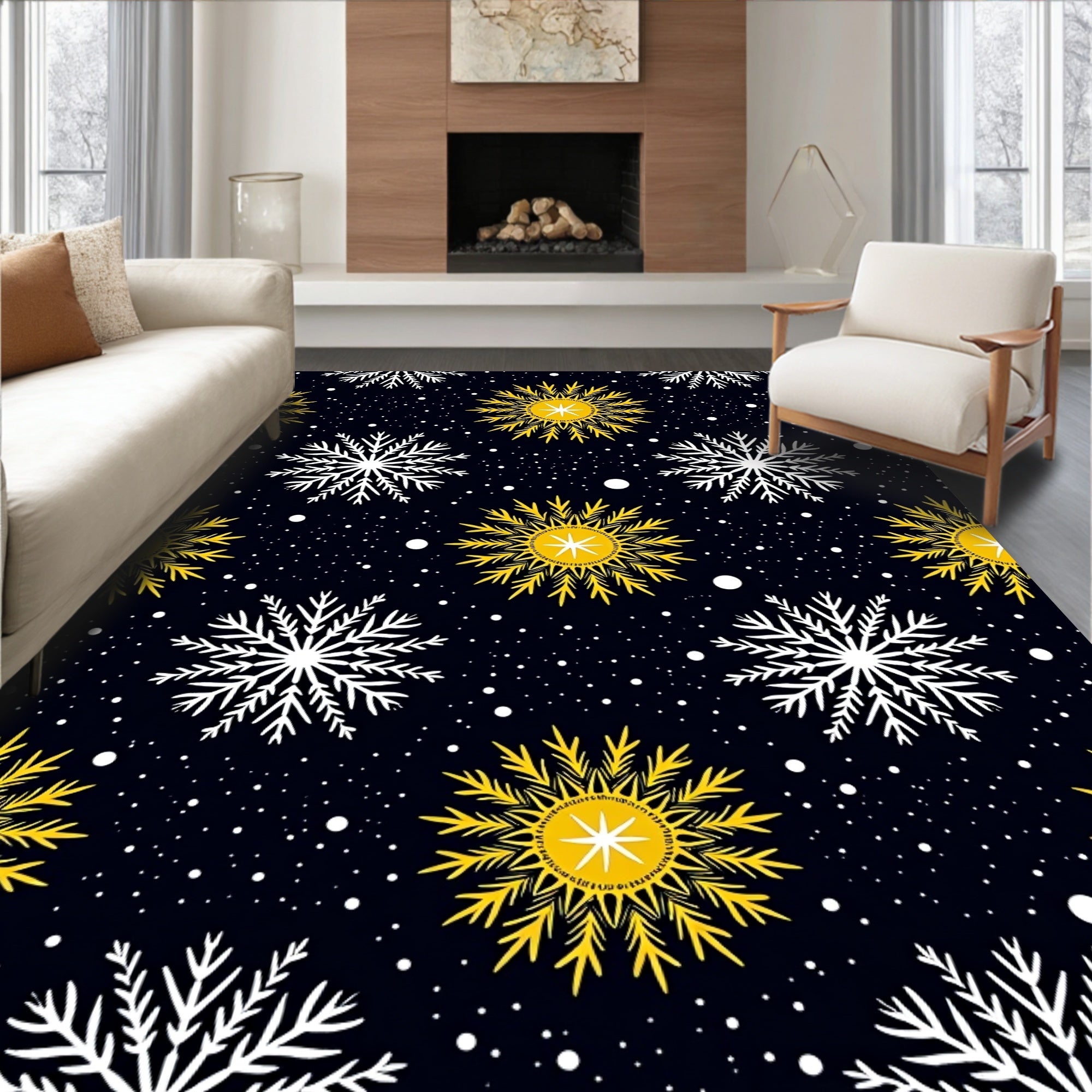 Dark Sky Golden White Snowflakes Rug