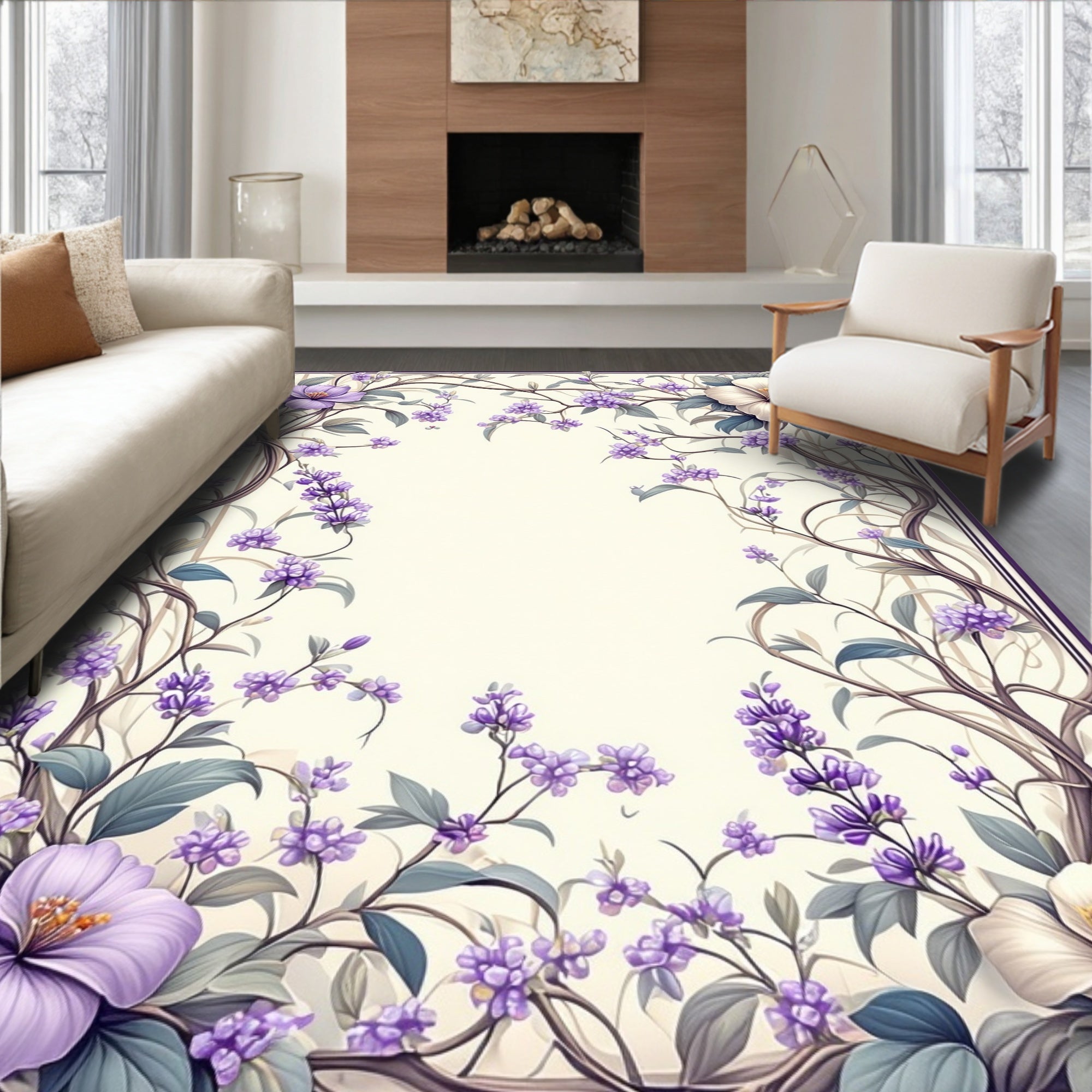 Lavender Floral Vine Patterned Rug