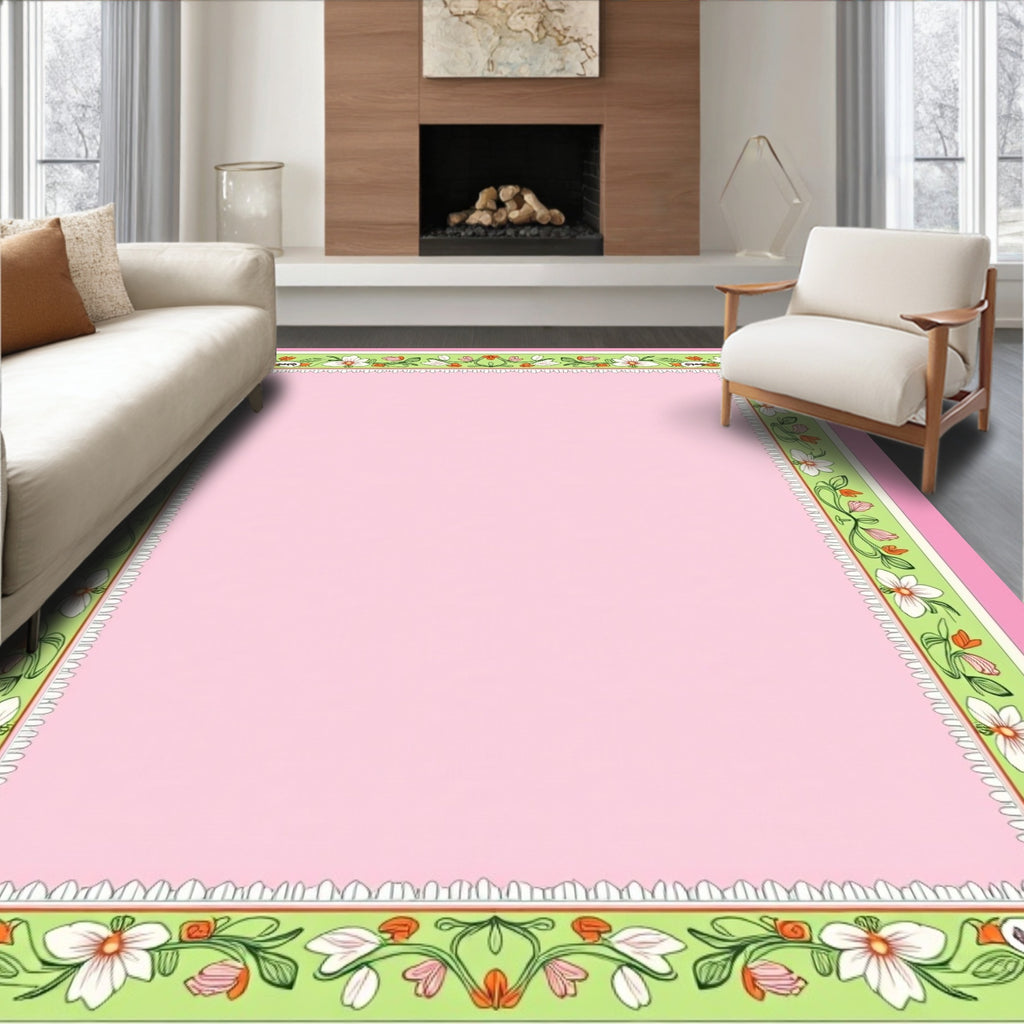 Pastel Pink Floral Vine Border Rug