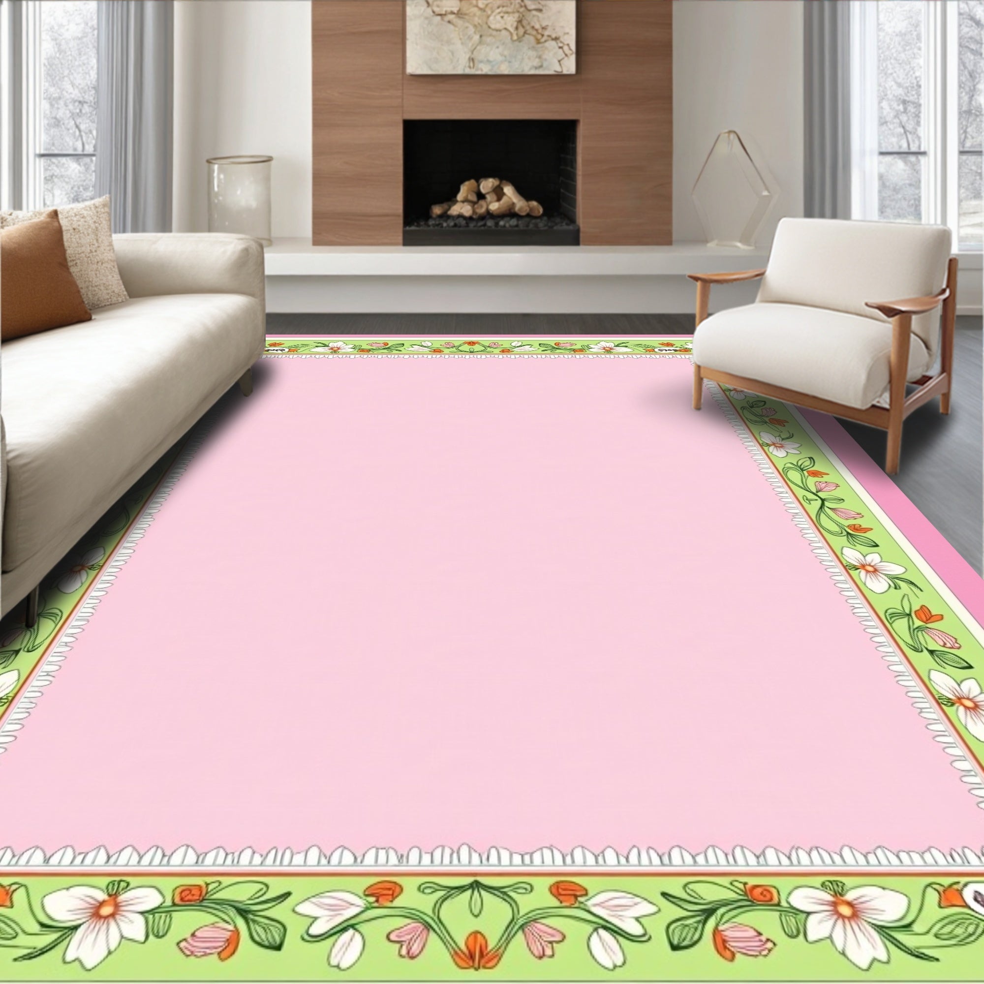 Pastel Pink Floral Vine Border Rug