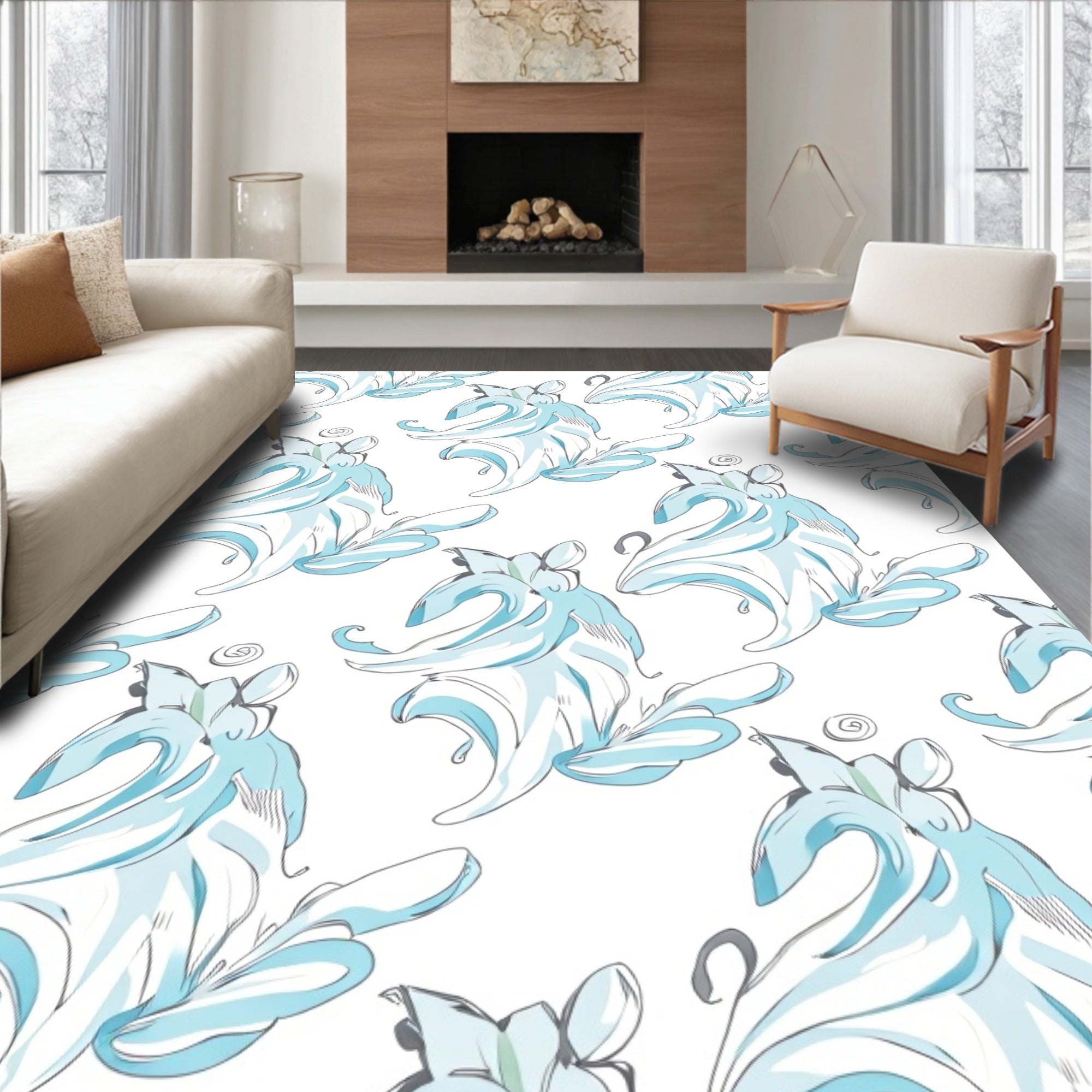 Abstract Swirls Blue Floral Pattern Rug