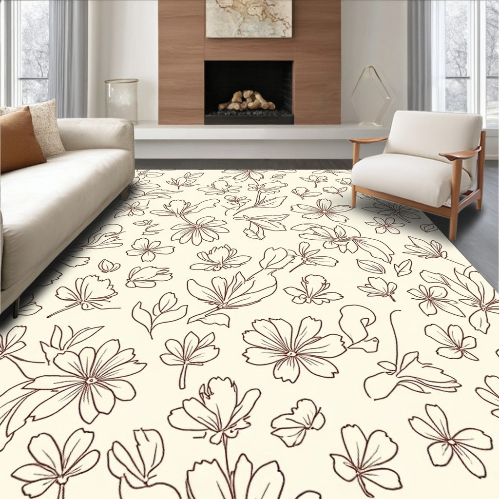 Delicate Floral Outline Cream Pattern Rug