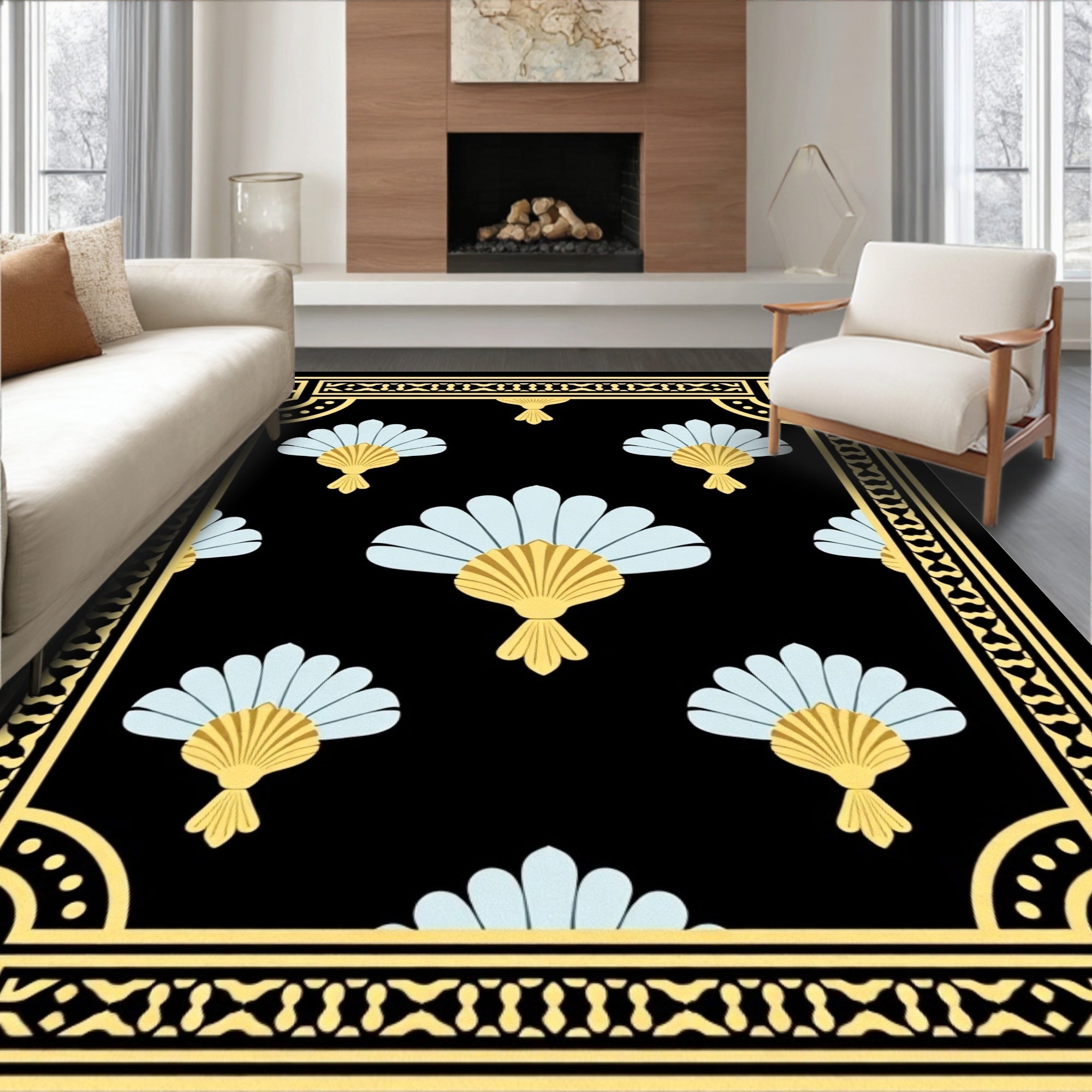 Black Gold Light Blue Fan Scroll Rug