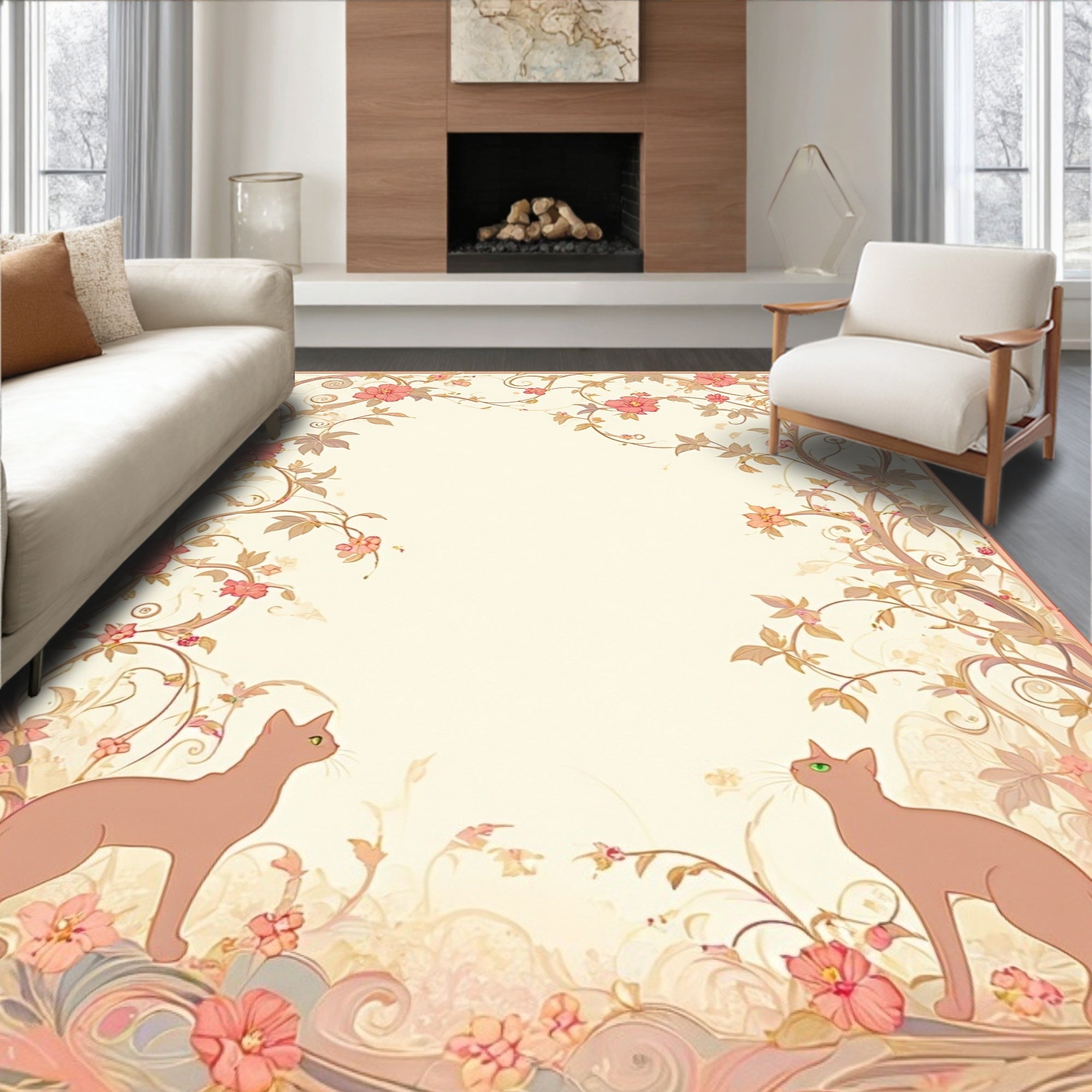 Whimsical Floral Cat Vine Pattern Rug