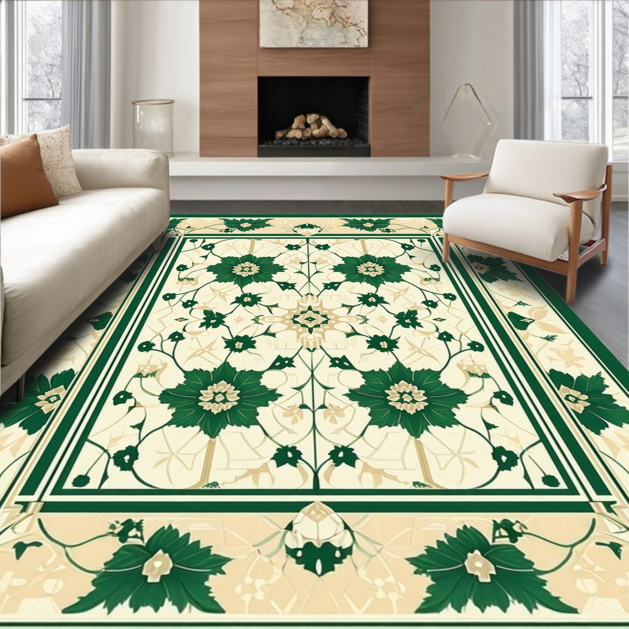 Classic Green Floral Medallion Pattern Rug
