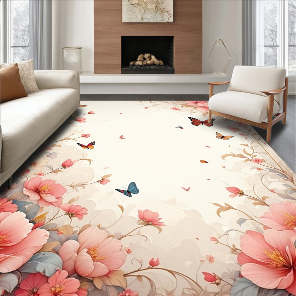 Whimsical Butterflies Floral Garden Design Rug