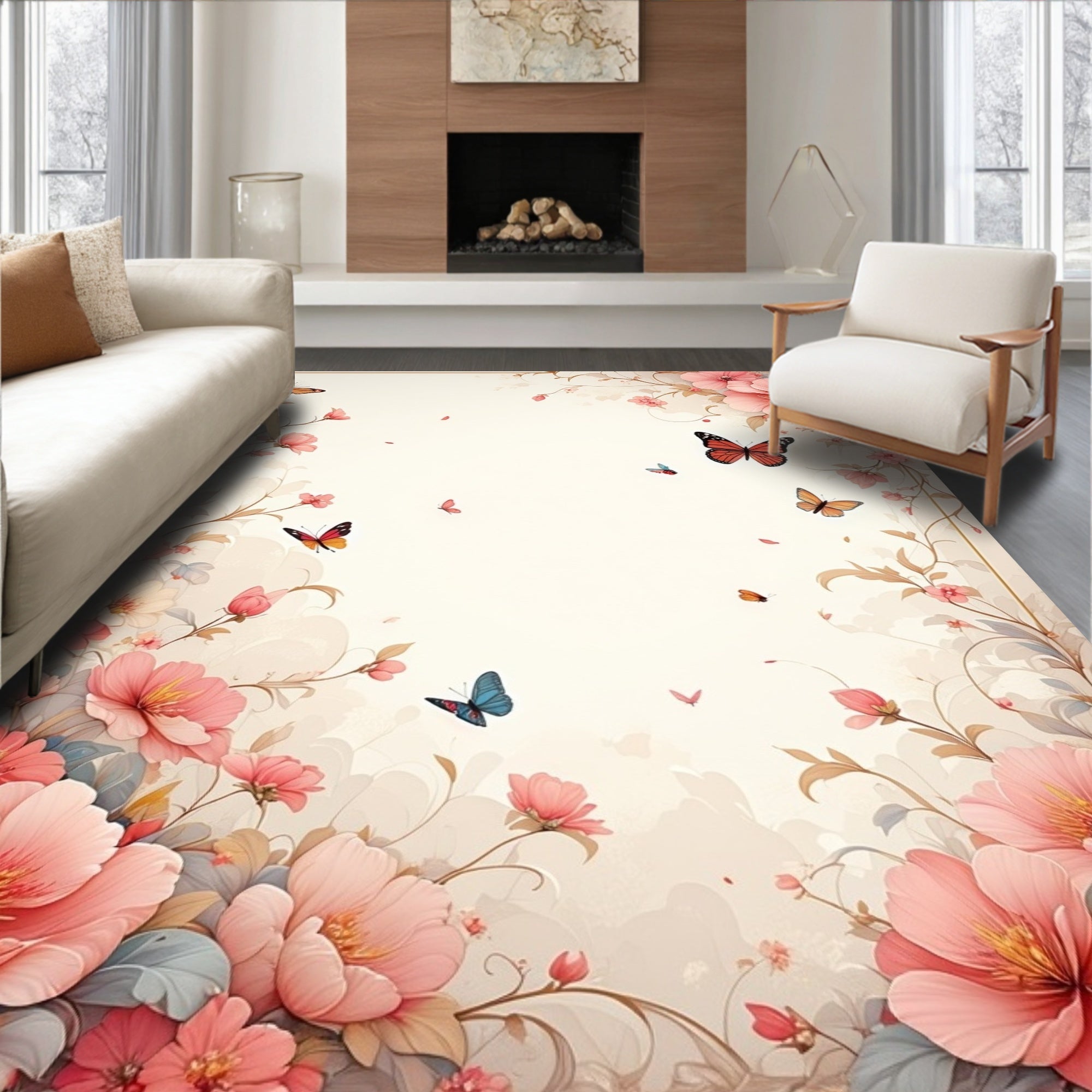 Whimsical Butterflies Floral Garden Design Rug