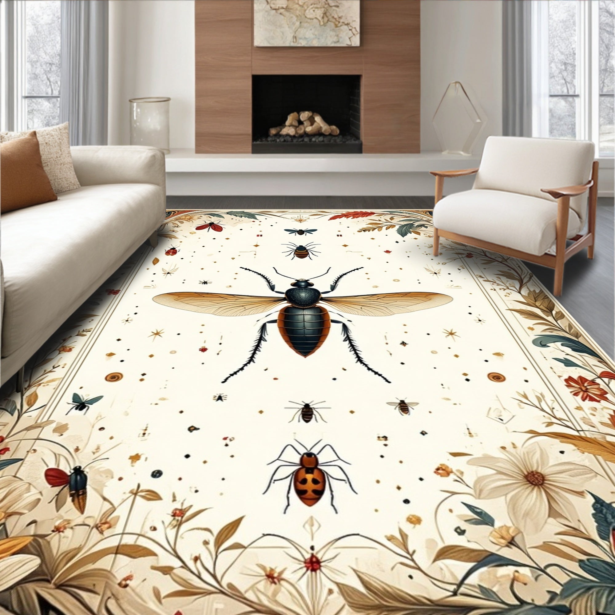 Vintage Insect Floral Natural Garden Art Rug