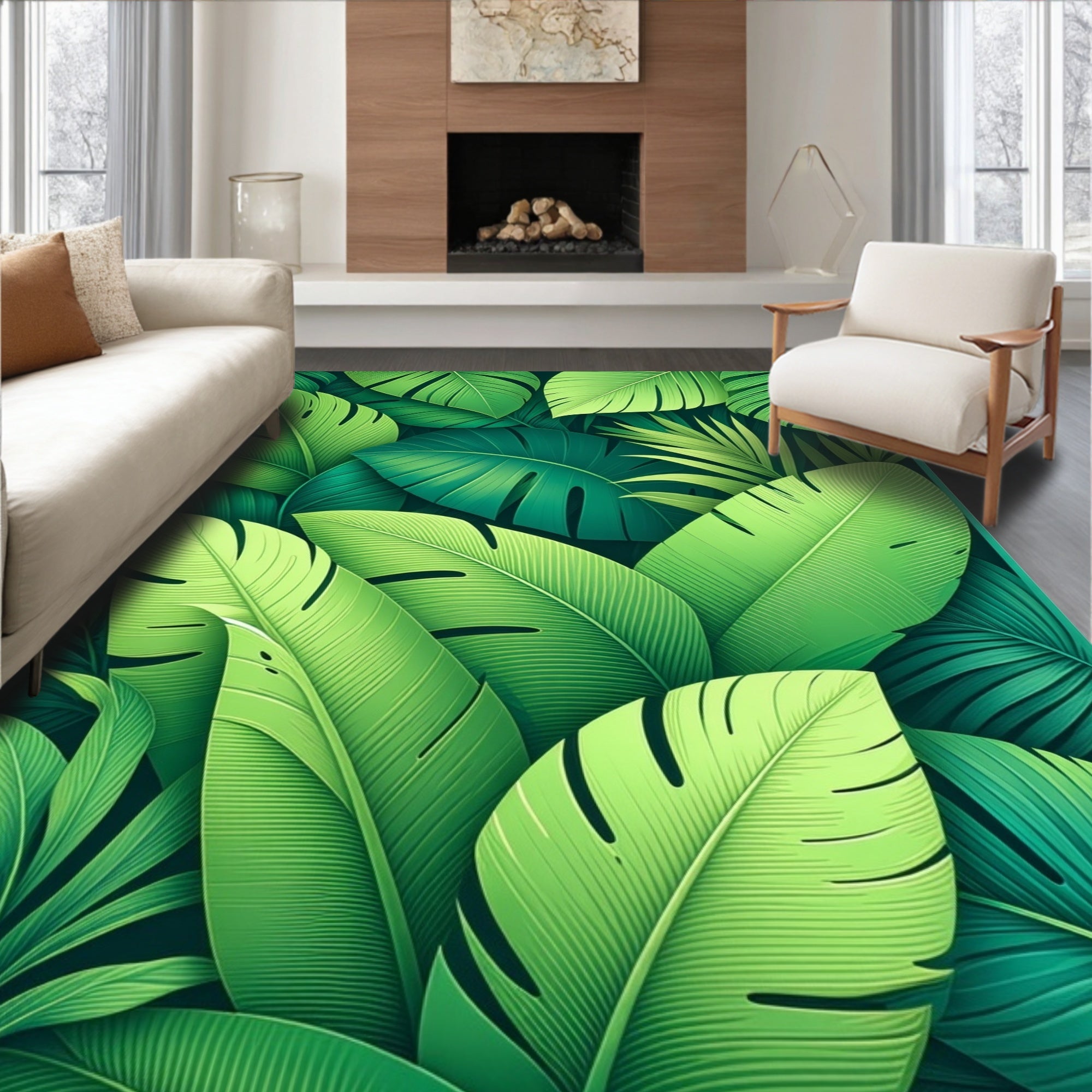Lush Tropical Leaf Pattern Art Rug