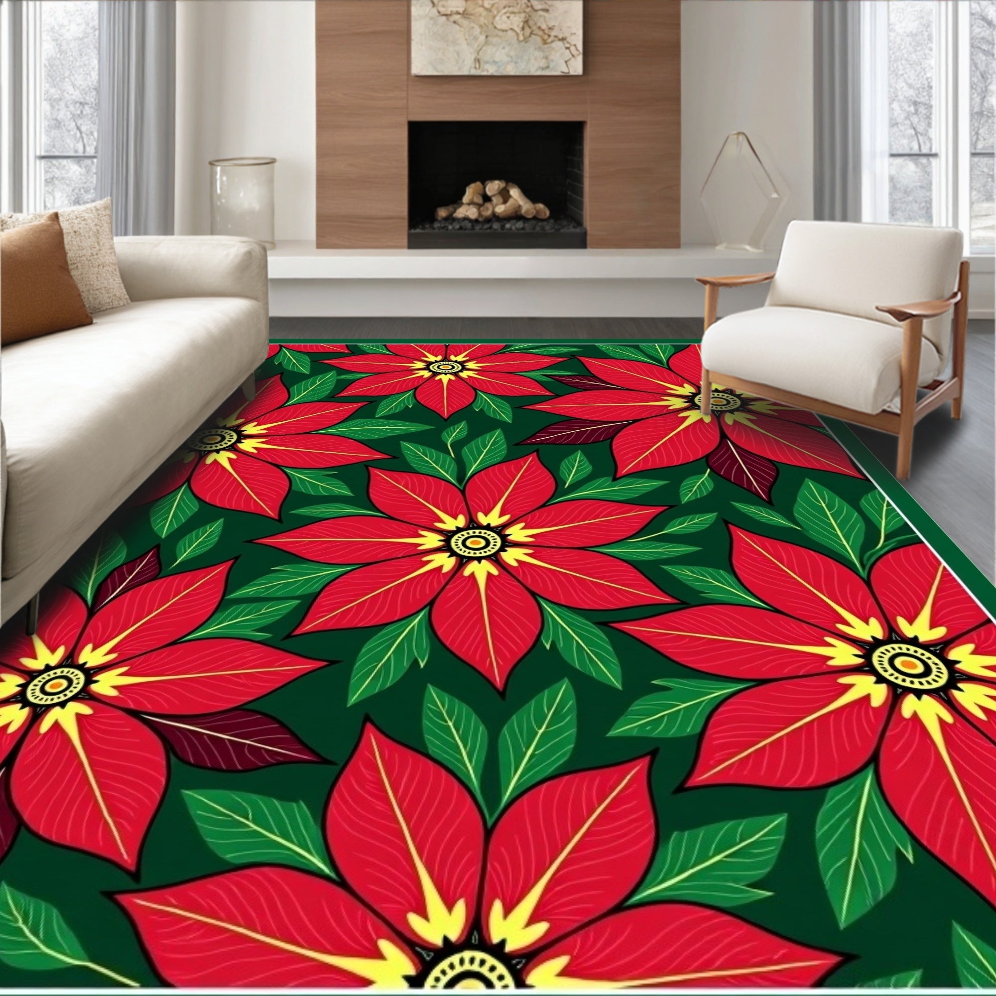 Bold Red Floral Christmas Poinsettias Rug