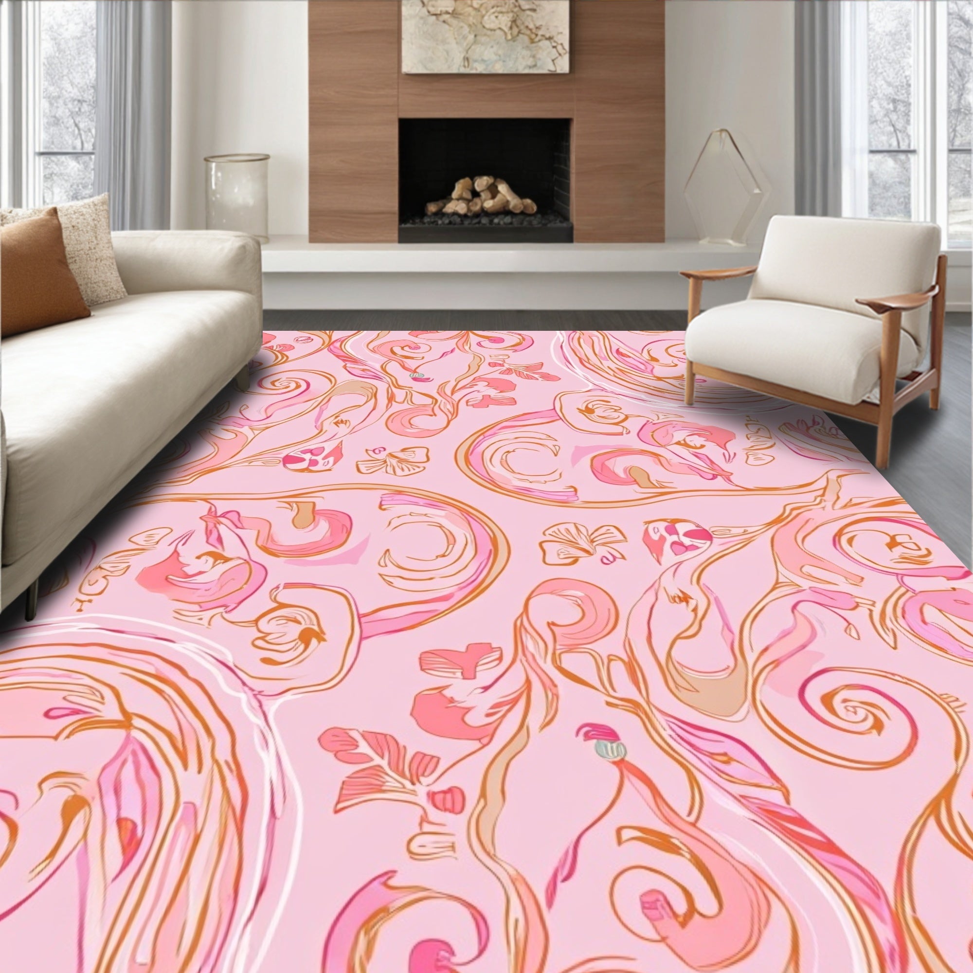 Pink Floral Swirls Pattern Rug