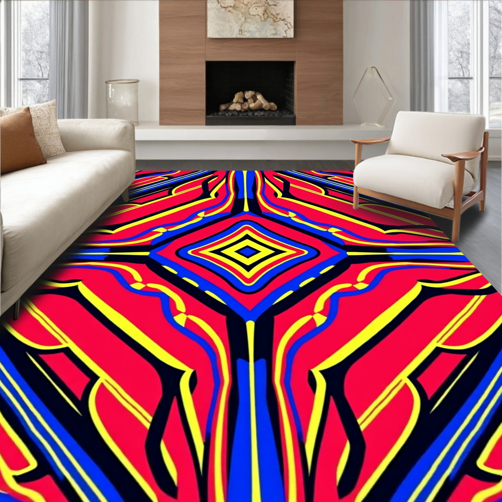 Vivid Red Blue Yellow Geometric Symmetry Rug