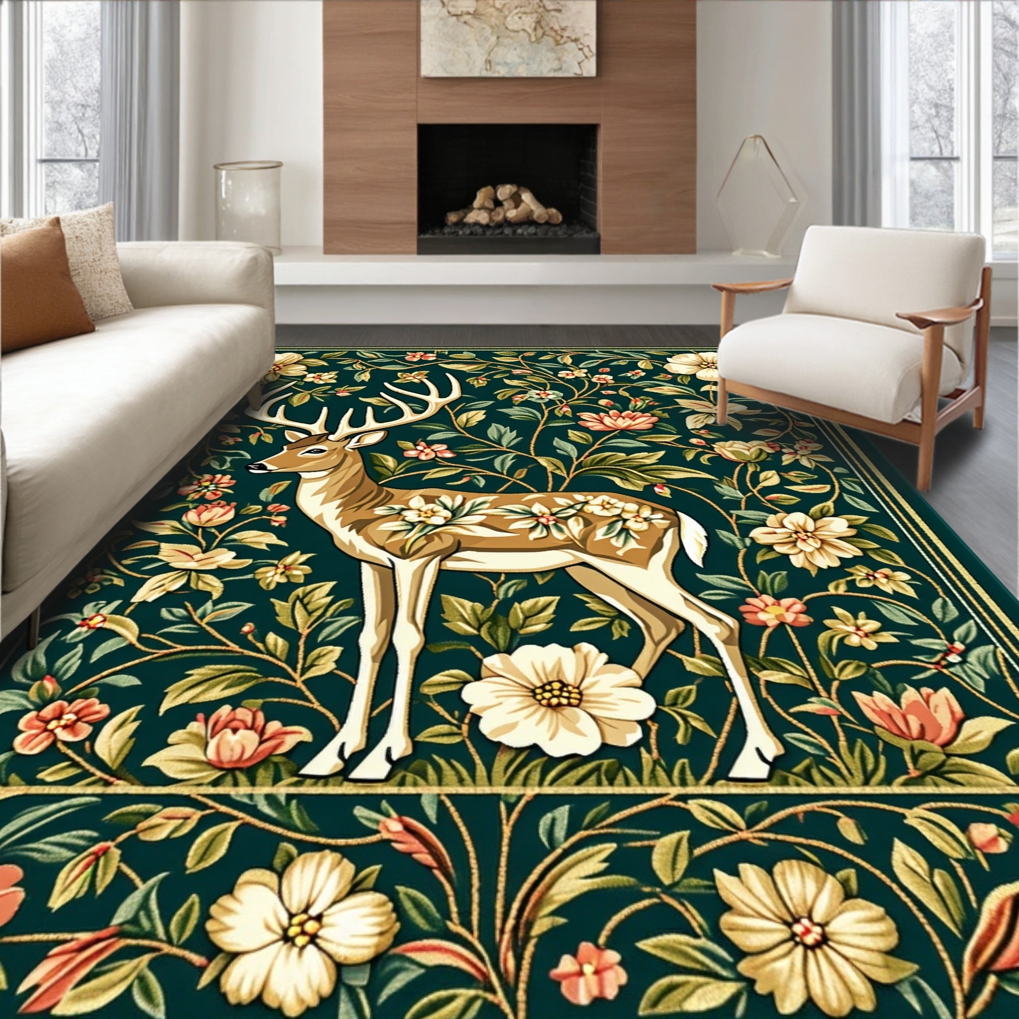 Majestic Deer Floral Meadow Pattern Rug
