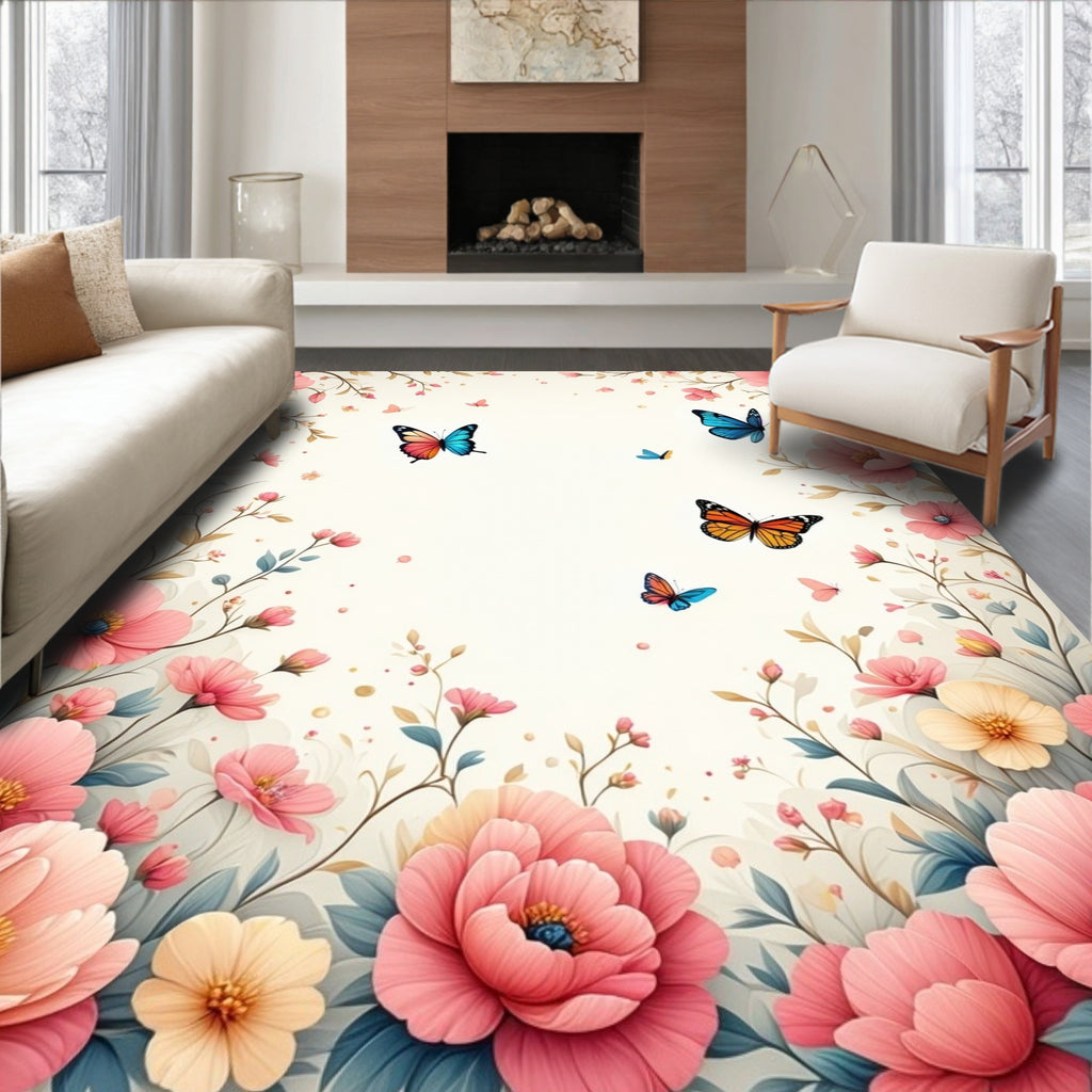 Whimsical Floral Butterflies Pattern Rug
