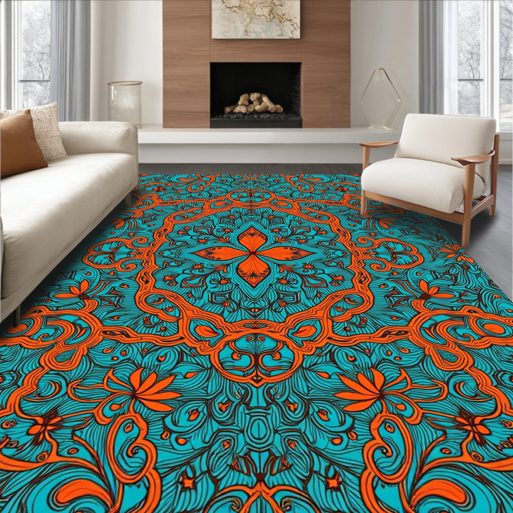 Bold Orange Teal Floral Mandala Rug