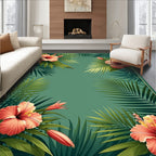 Vibrant Coral Hibiscus Jungle Print Rug