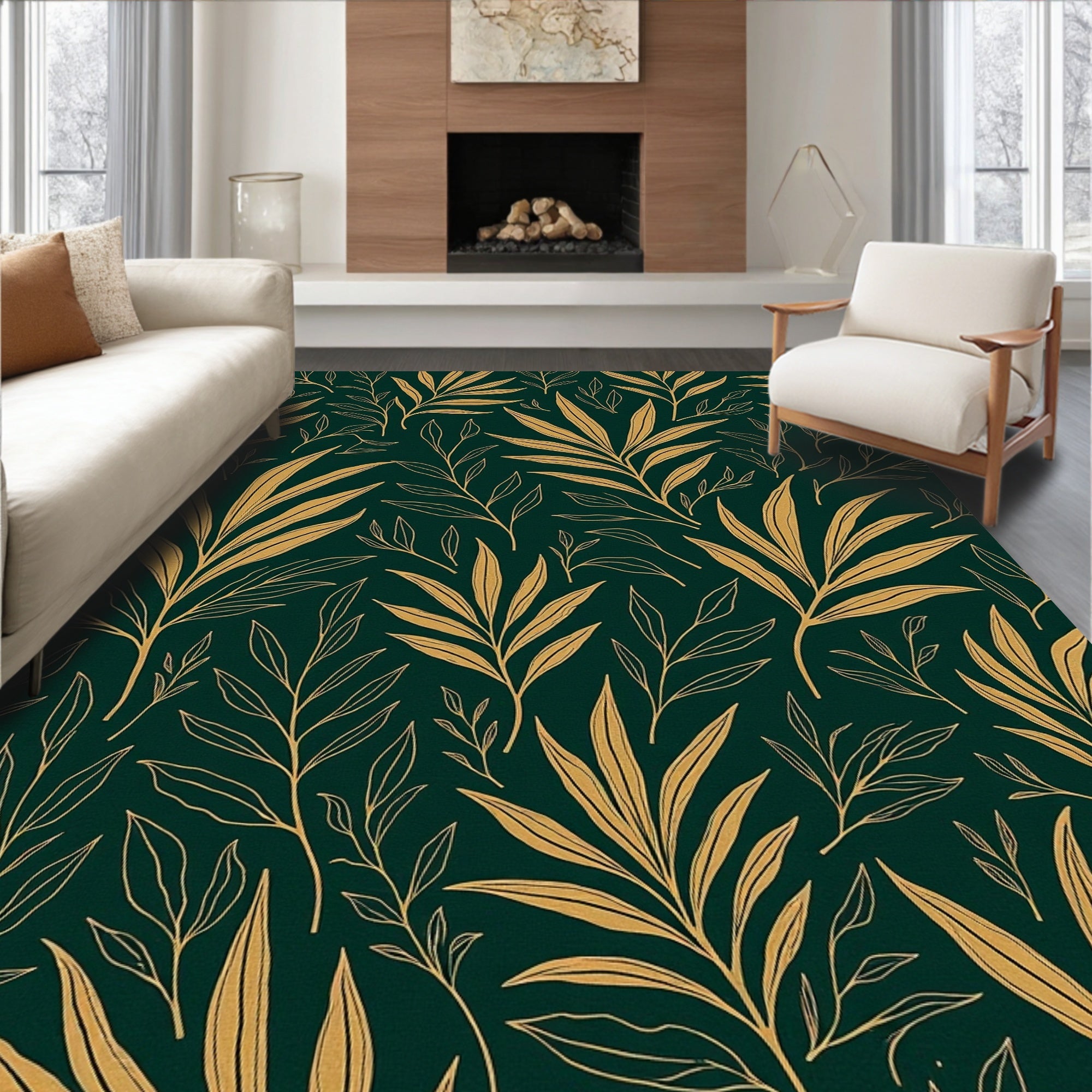 Gold Foliage On Dark Green Background Rug
