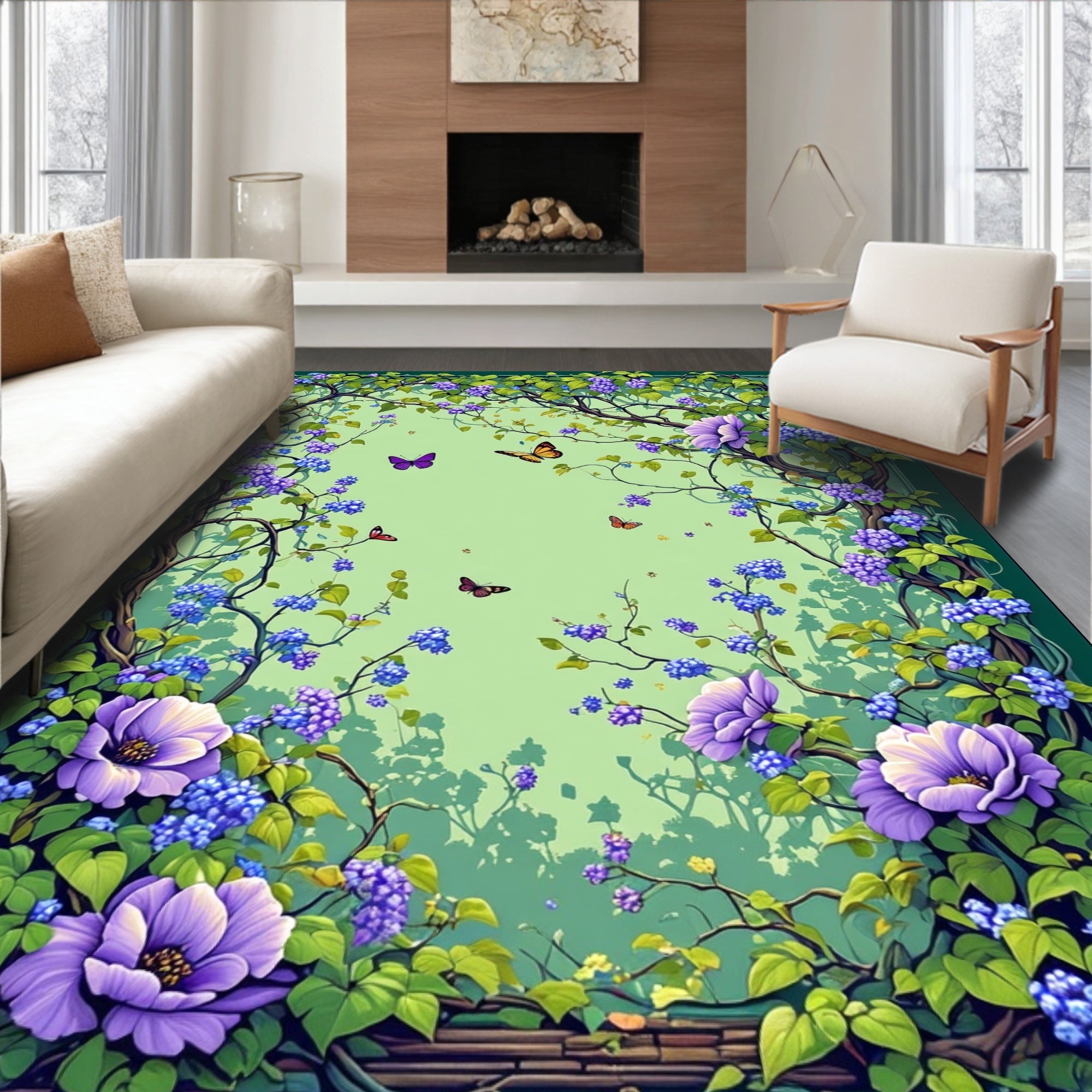 Vibrant Floral Vine Butterfly Garden Rug