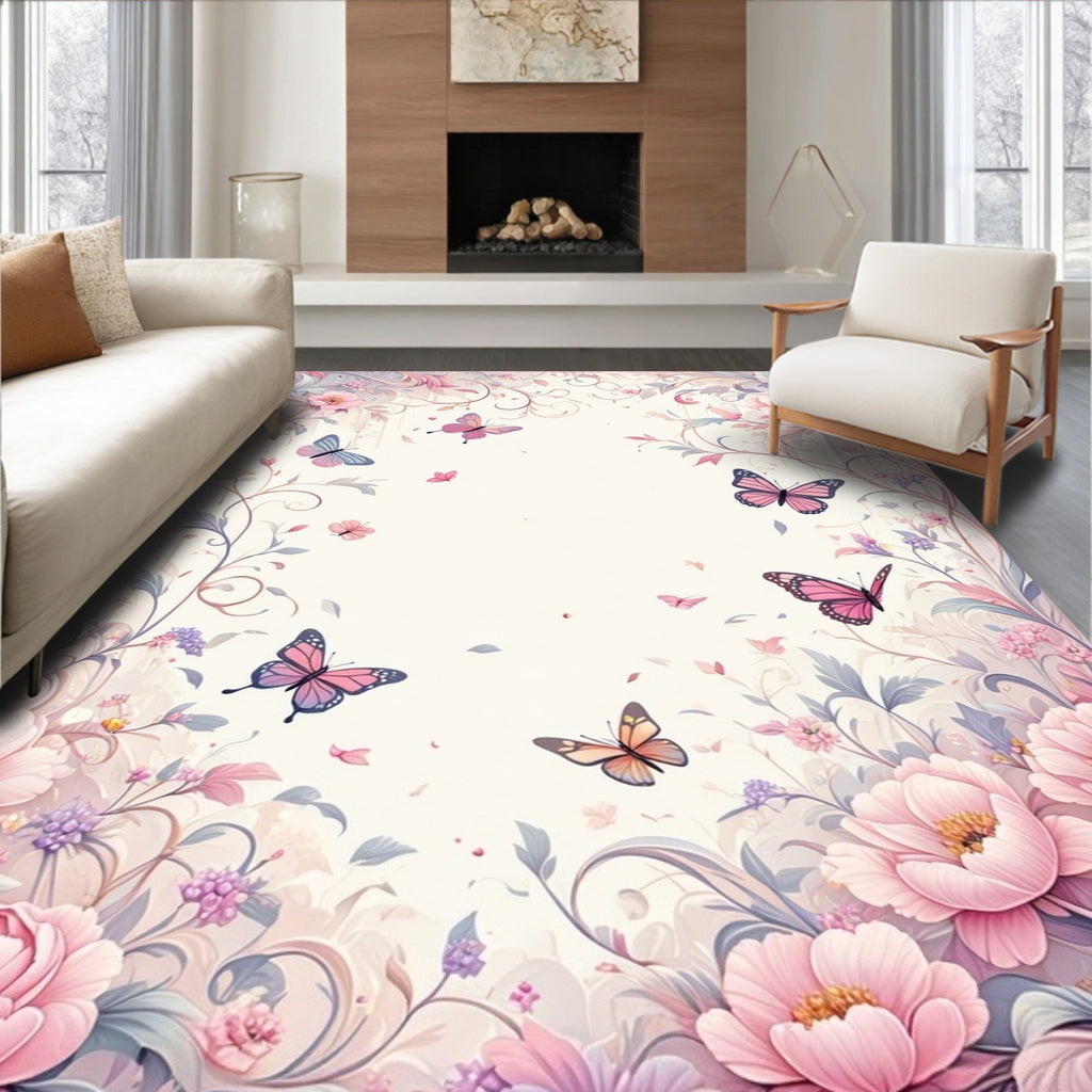 Pink Floral Butterfly Swirl Design Rug