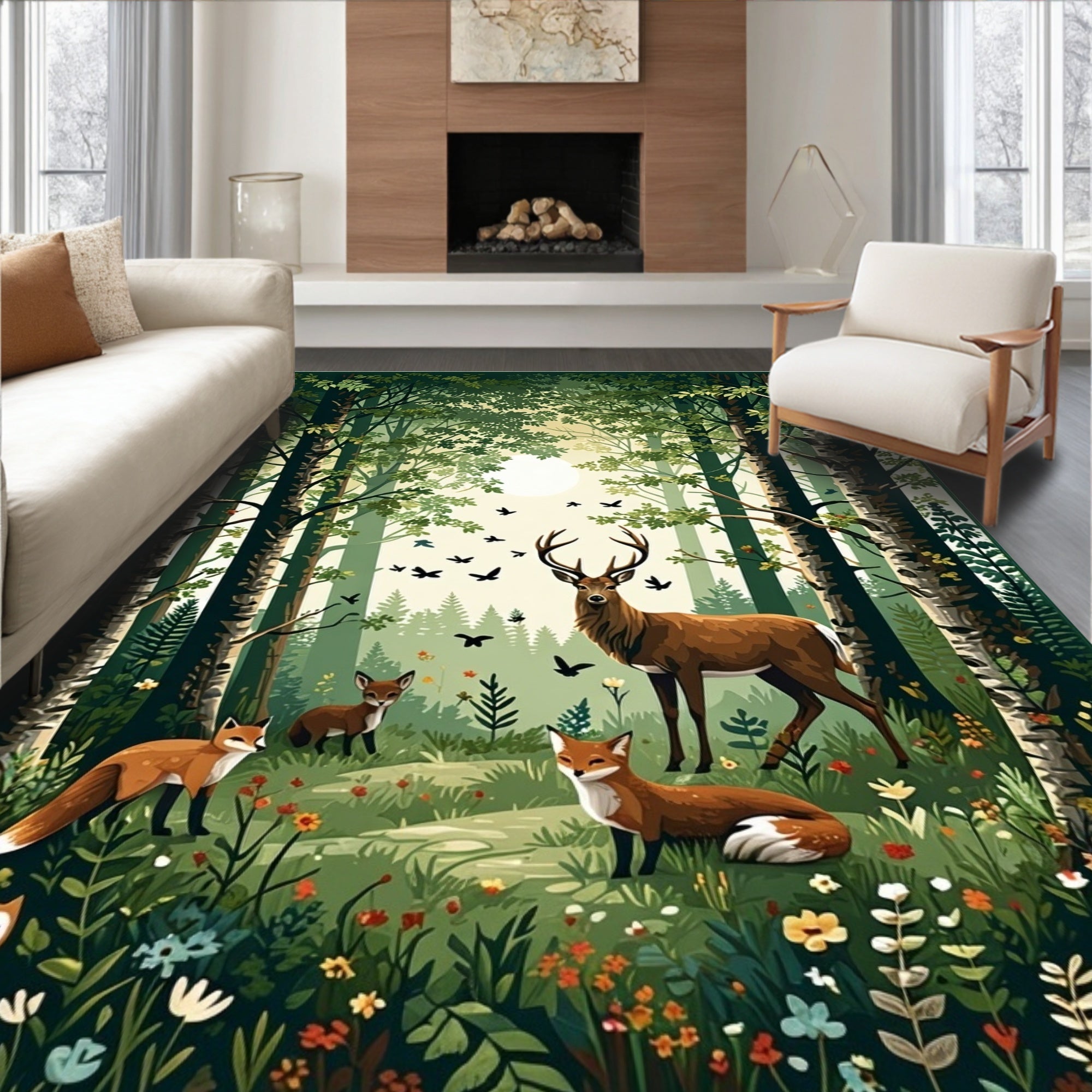 Woodland Animals In Verdant Forest Rug