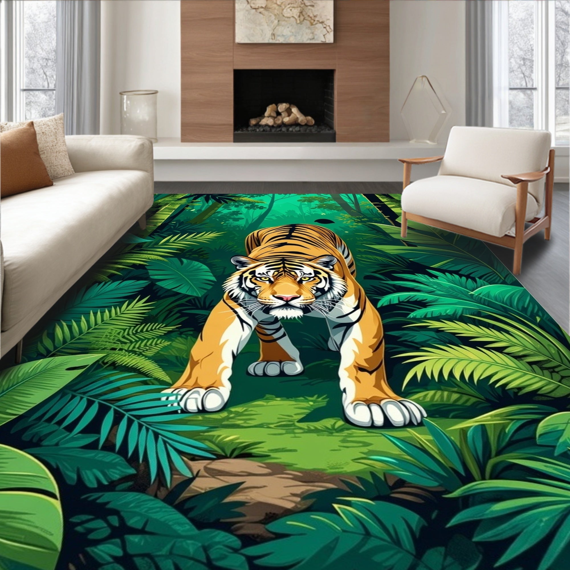 Bold Tiger Jungle Scene Rug