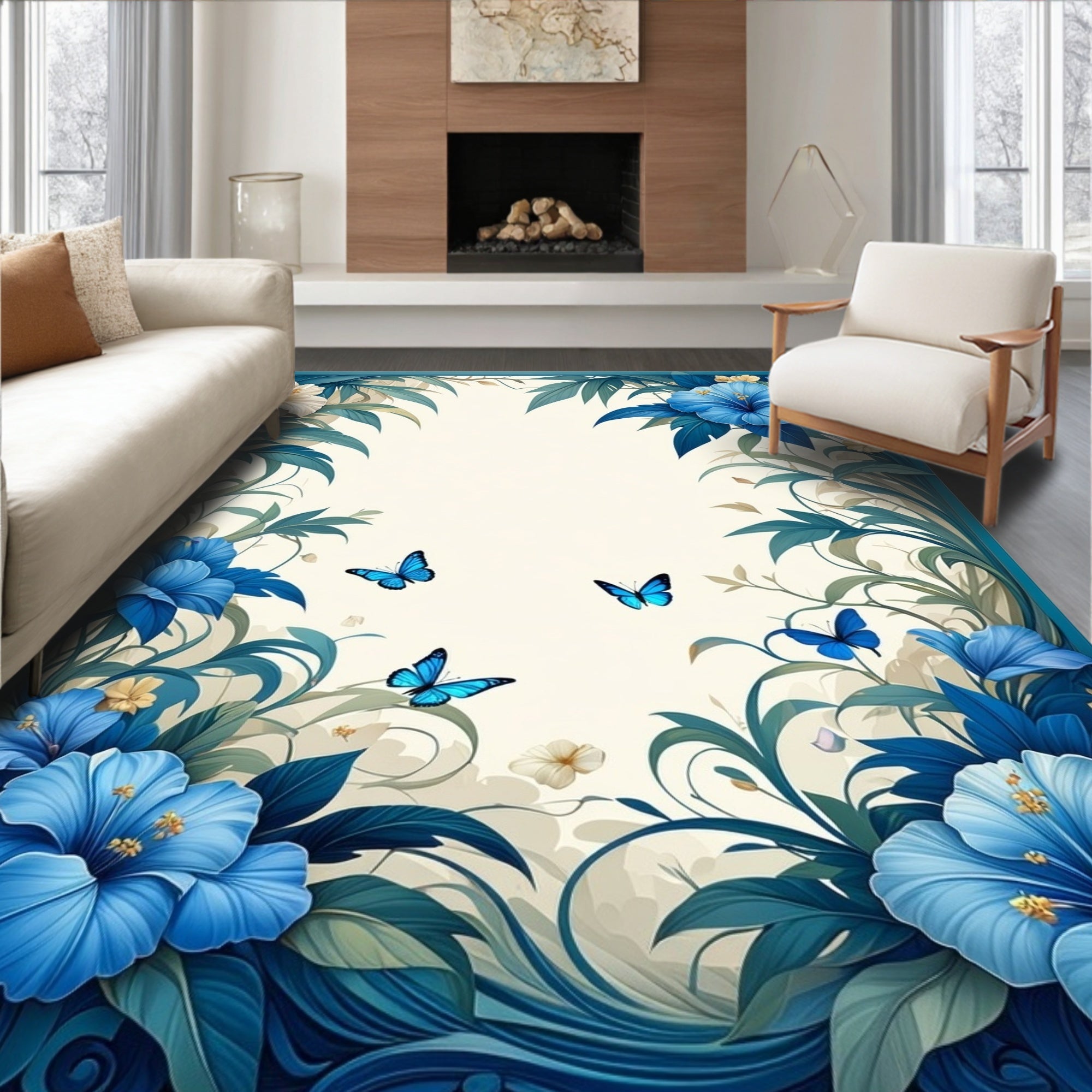Tropical Blue Flower Butterfly Art Rug