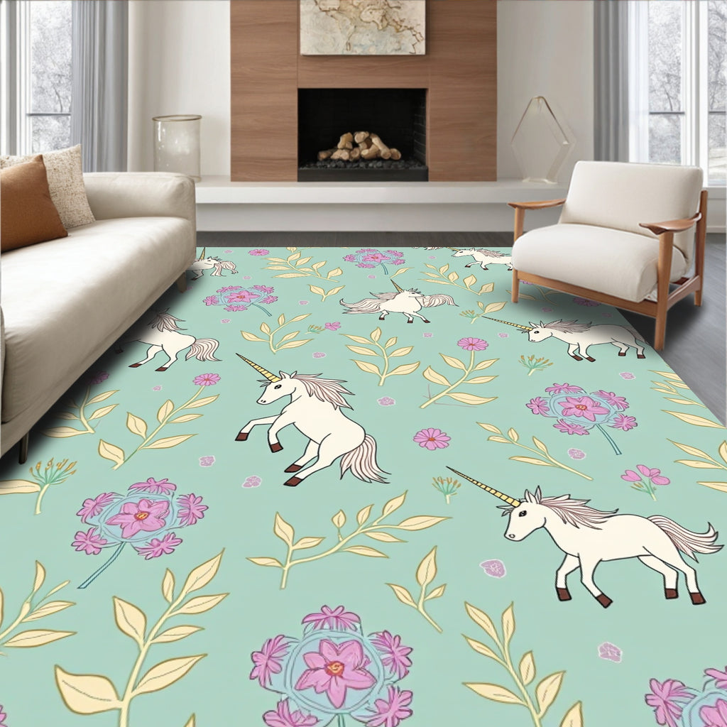 Whimsical Unicorn Floral Botanical Design Rug